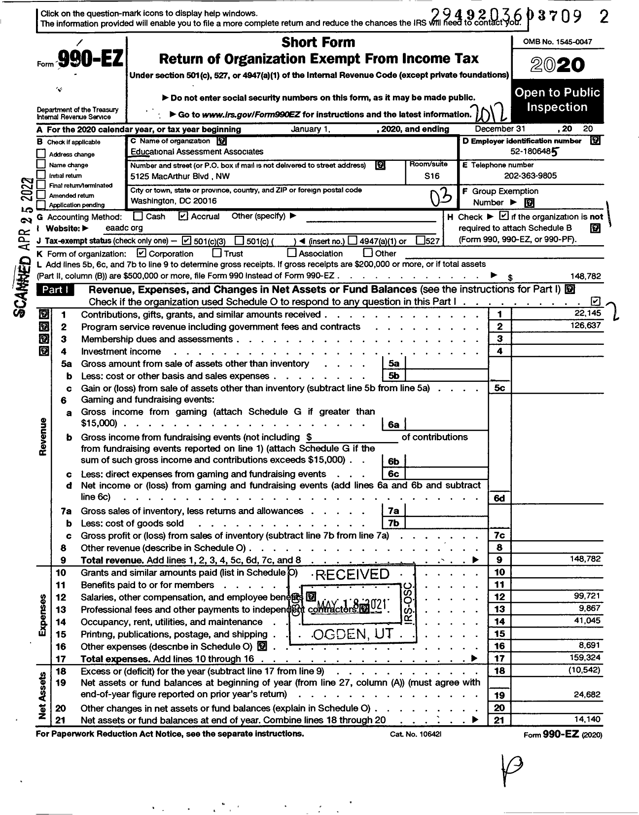 Image of first page of 2020 Form 990EZ for Educational Assessment Associates