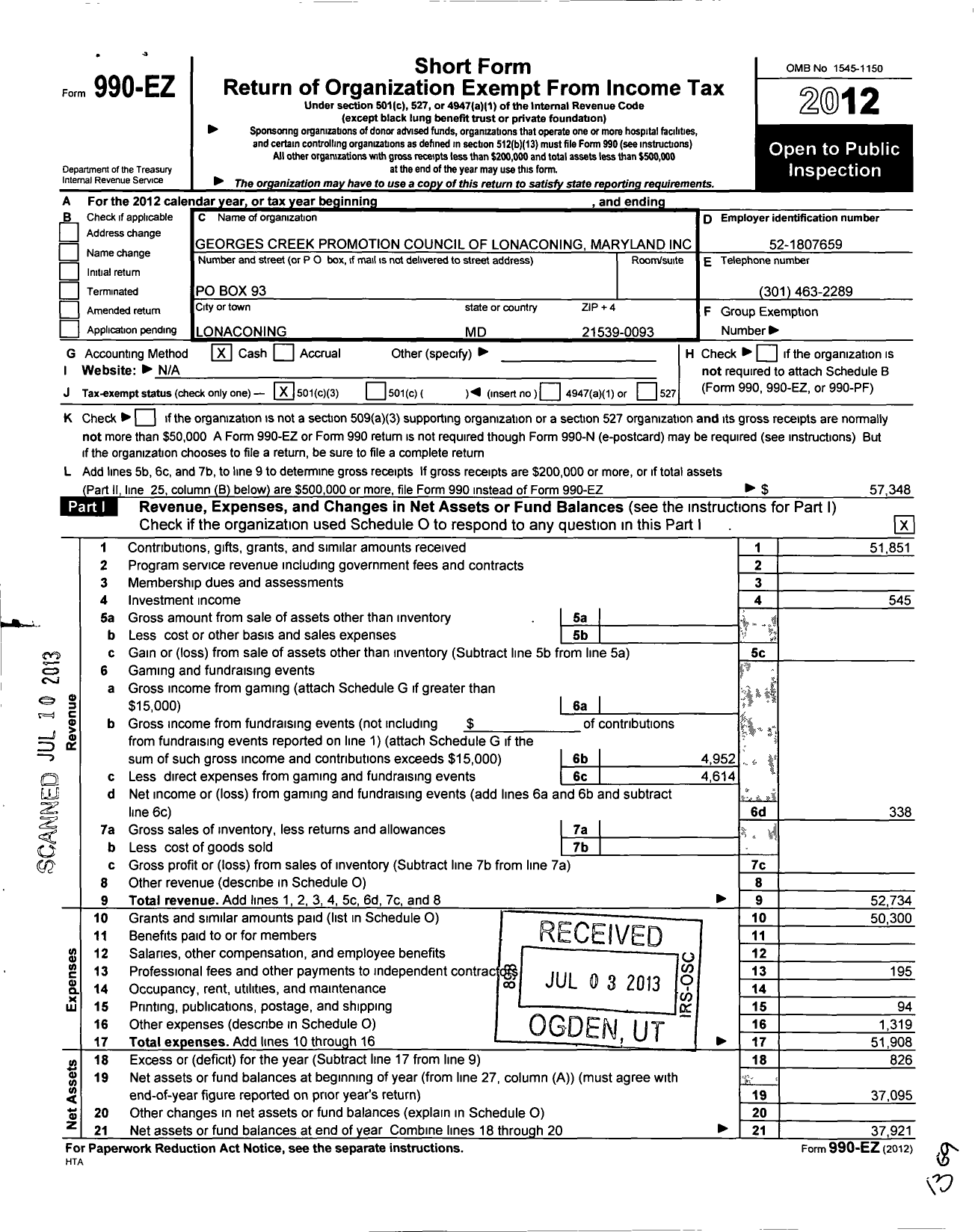 Image of first page of 2012 Form 990EZ for Georges Creek Promotion Council of Lonaconing Maryland