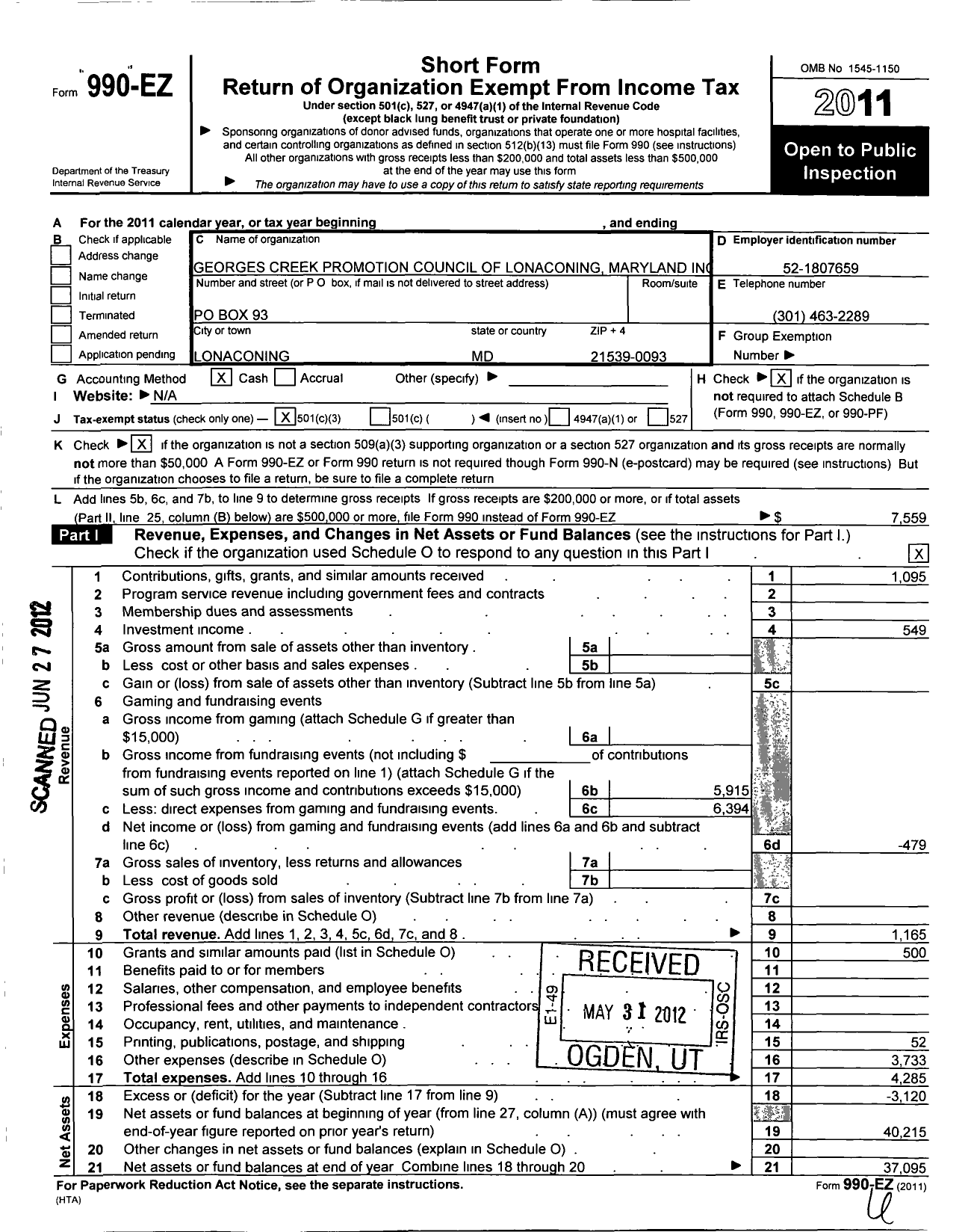 Image of first page of 2011 Form 990EZ for Georges Creek Promotion Council of Lonaconing Maryland