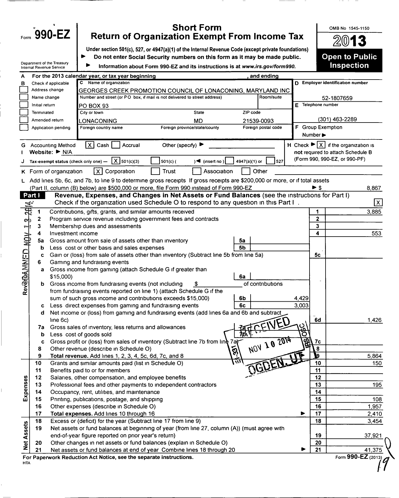 Image of first page of 2013 Form 990EZ for Georges Creek Promotion Council of Lonaconing Maryland