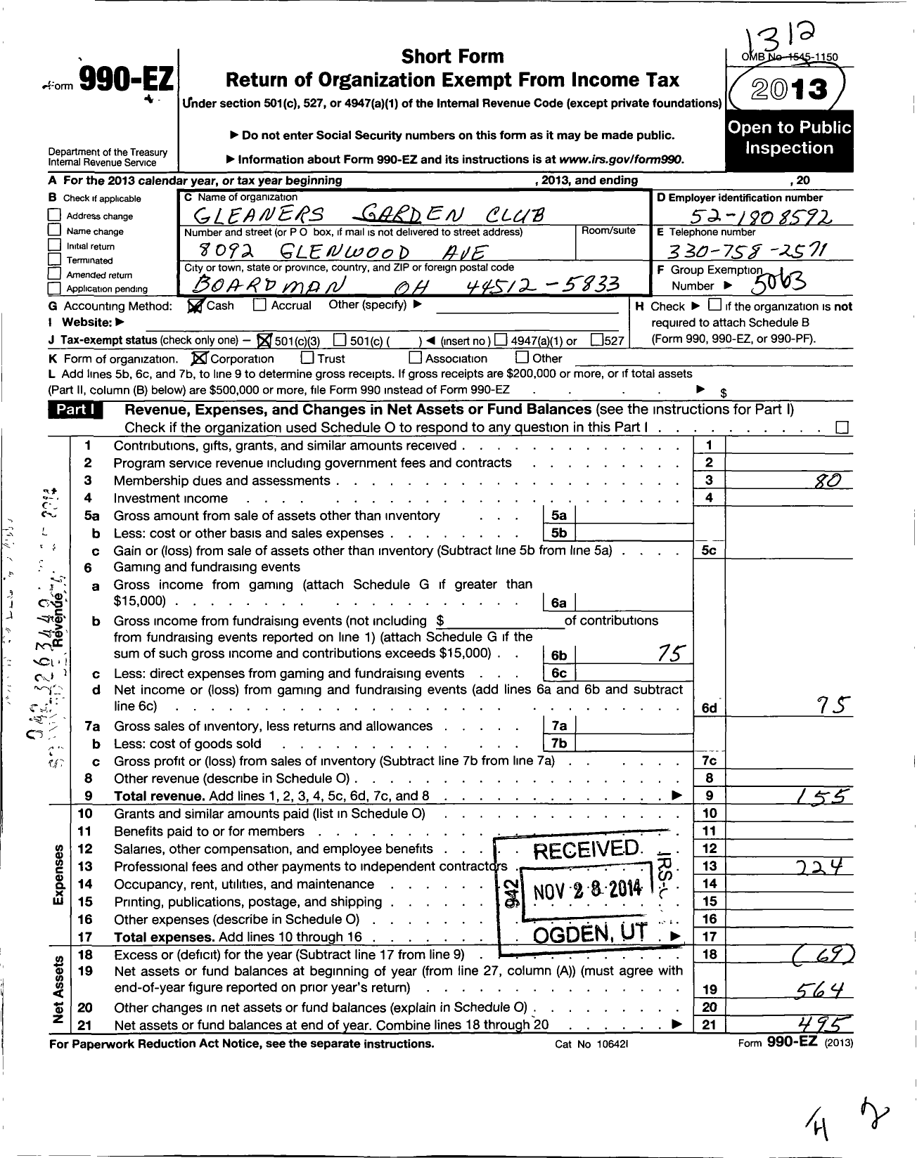 Image of first page of 2013 Form 990EZ for Garden Club of Ohio / Gleanors Garden Club