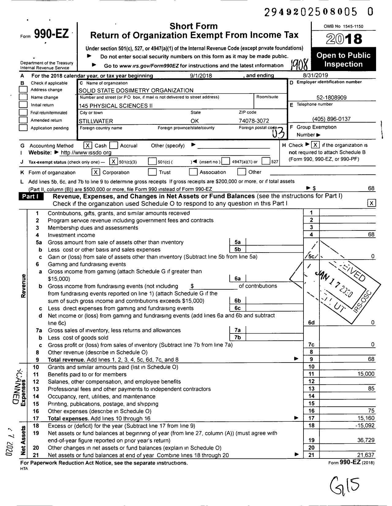 Image of first page of 2018 Form 990EZ for Solid State Dosimetry Organization