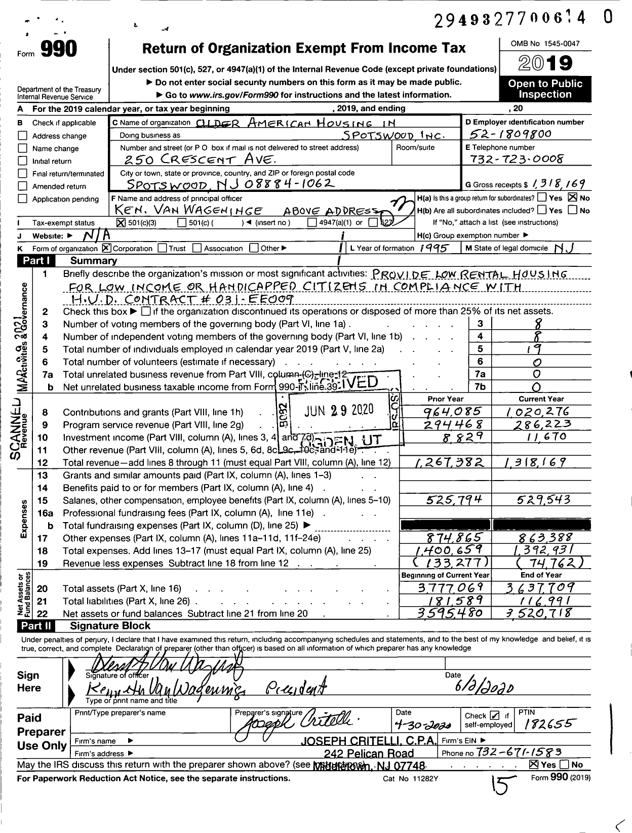 Image of first page of 2019 Form 990 for Older American Housing in Spotswood