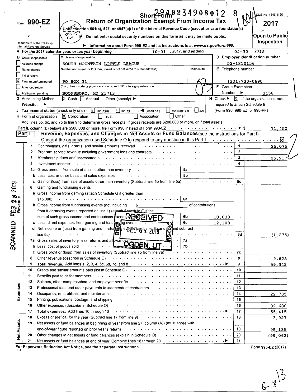 Image of first page of 2017 Form 990EZ for Little League Baseball - 2200112 South Mountain LL