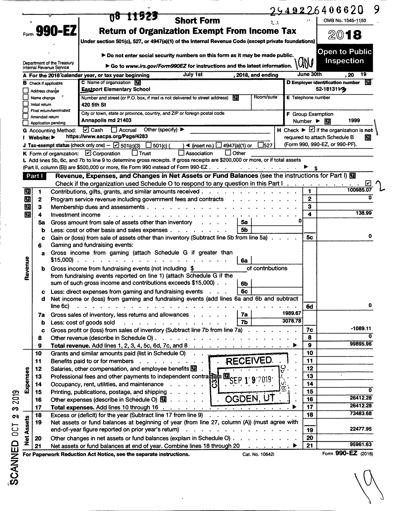 Image of first page of 2018 Form 990EZ for PTA Maryland Congress of Parents and Teachers / Eastport Elementary School PTA