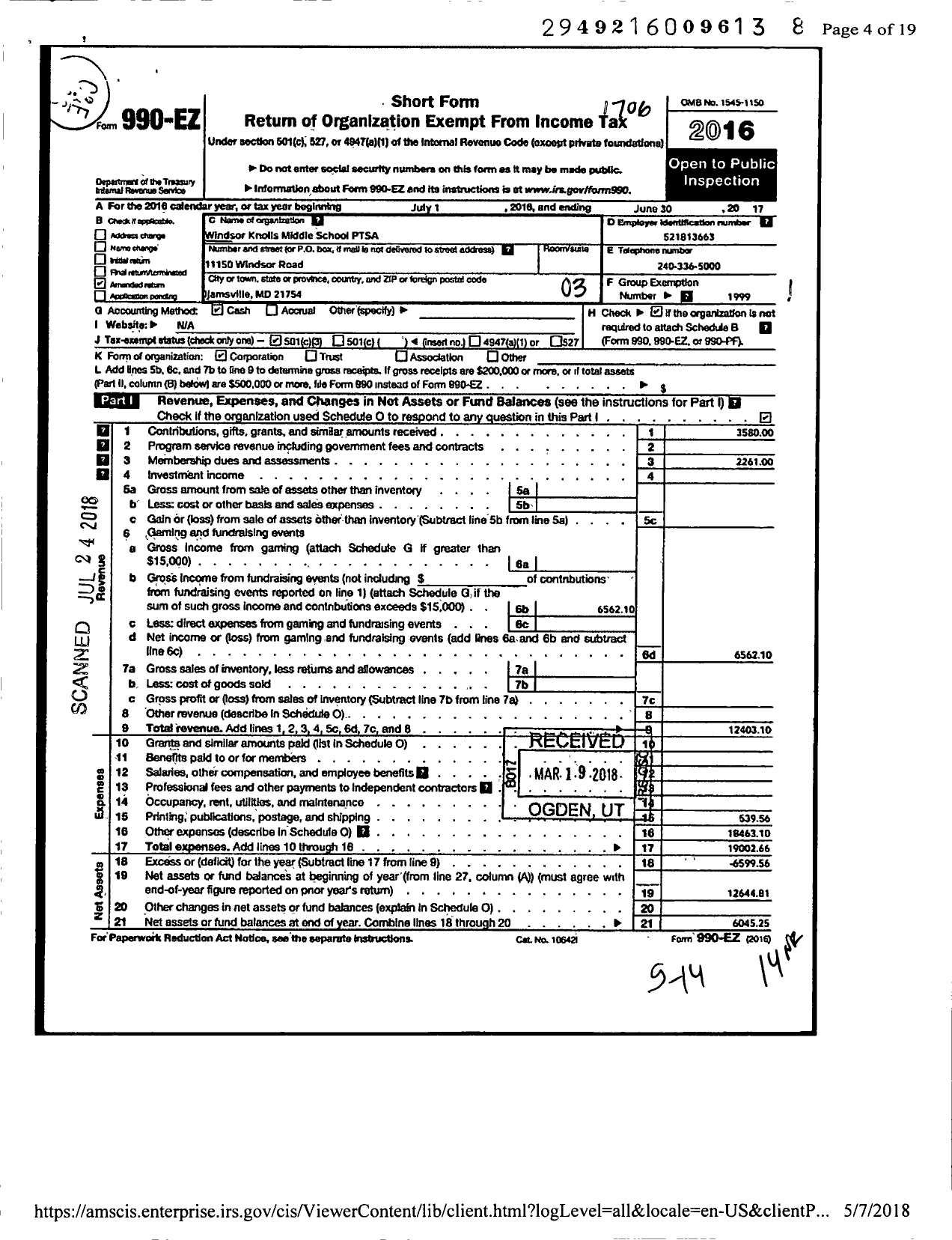 Image of first page of 2016 Form 990EZ for Windsor Knolls Middle School PTA