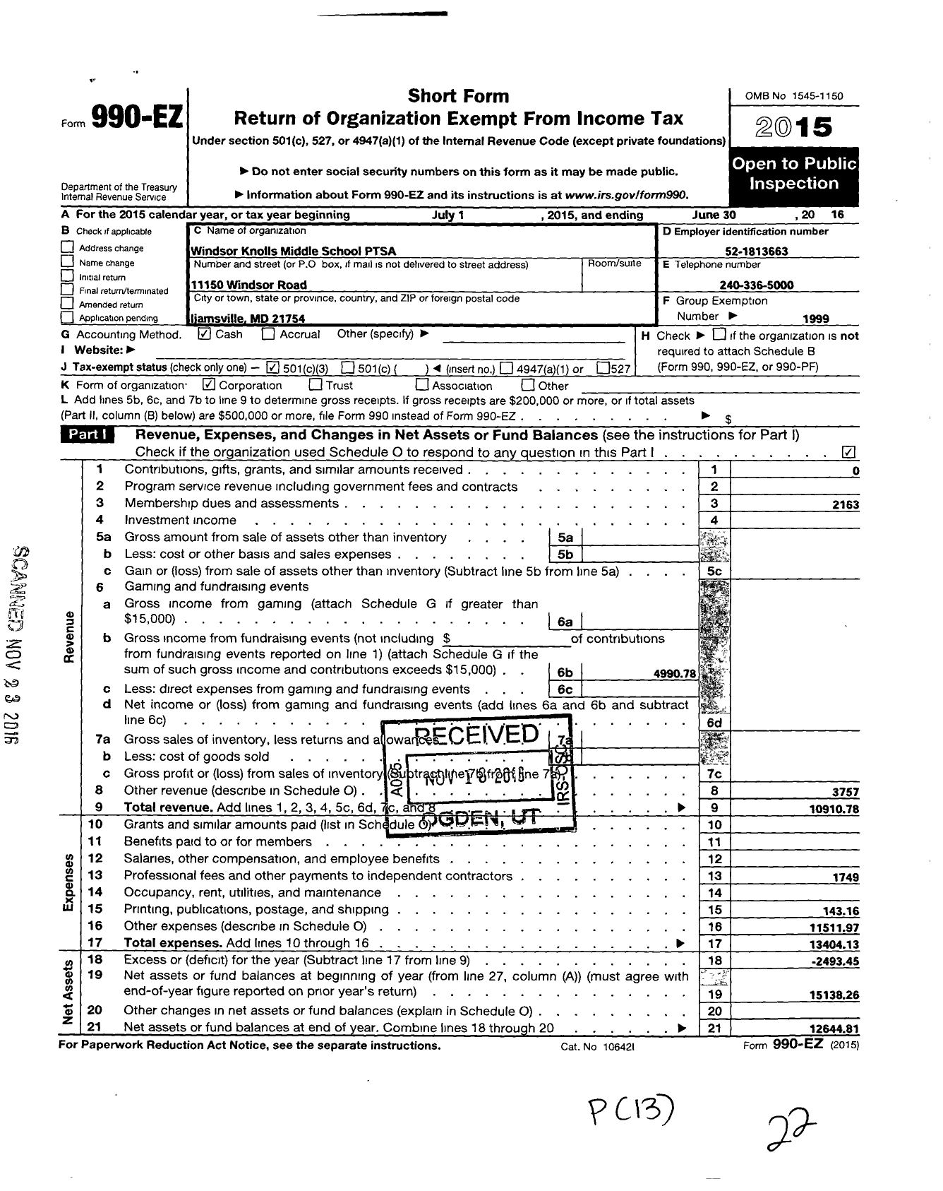 Image of first page of 2015 Form 990EZ for Windsor Knolls Middle School PTA