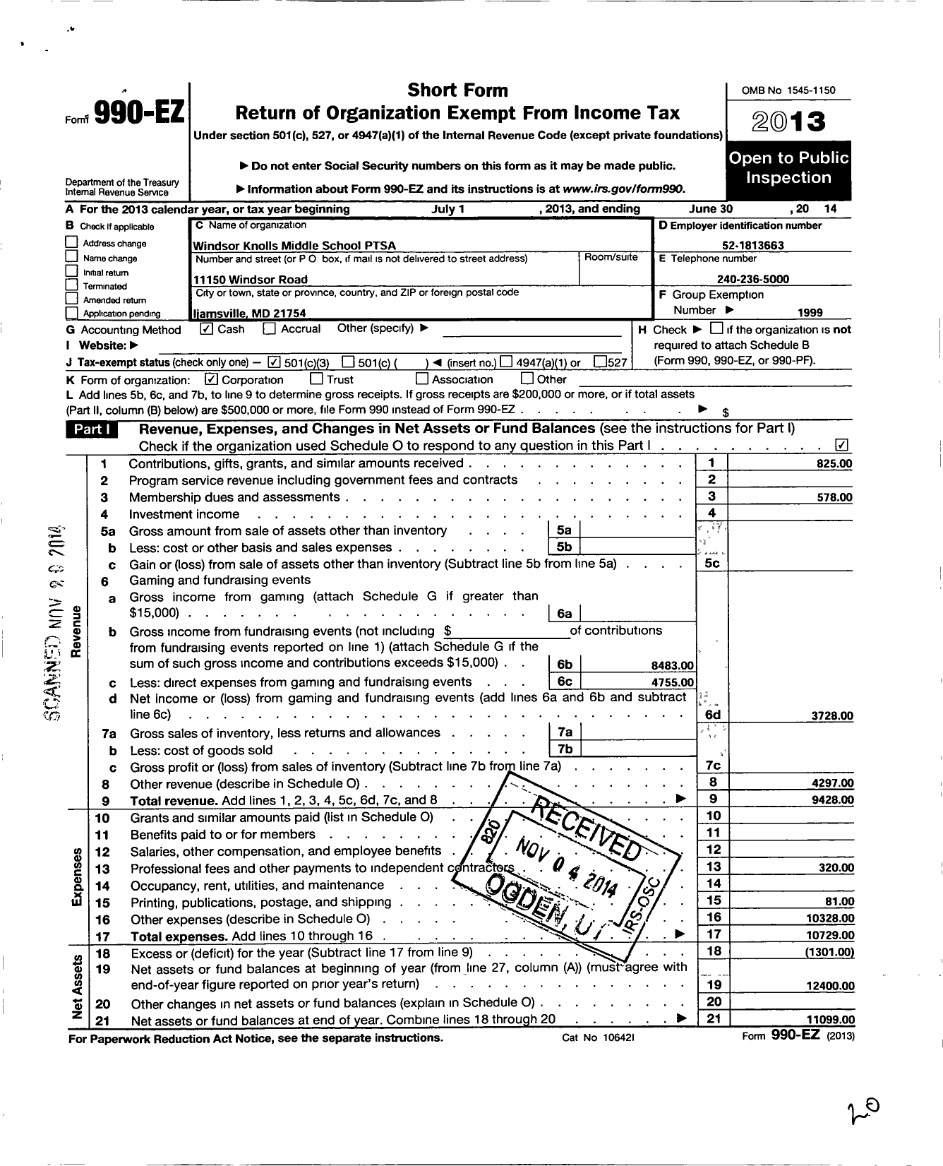 Image of first page of 2013 Form 990EZ for Windsor Knolls Middle School PTA