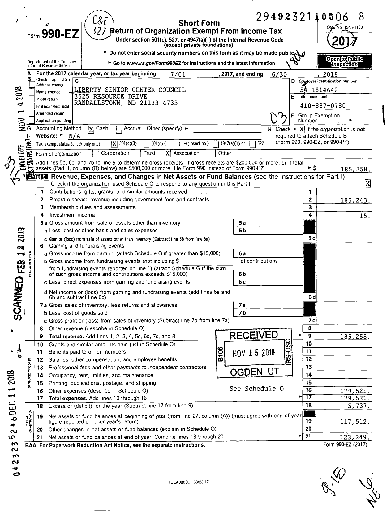 Image of first page of 2017 Form 990EZ for Liberty Senior Center Council