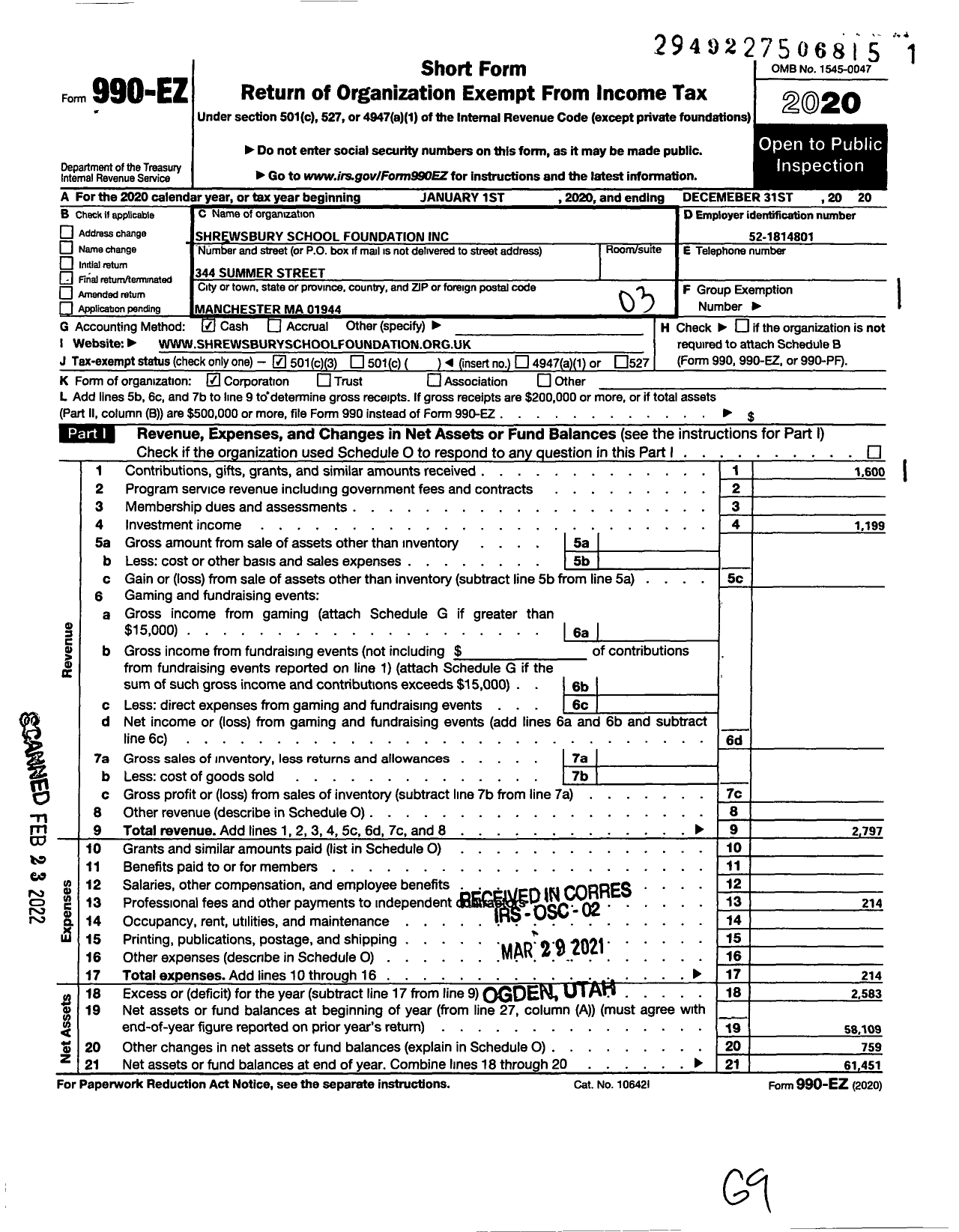 Image of first page of 2020 Form 990EZ for Shrewsbury School Foundation