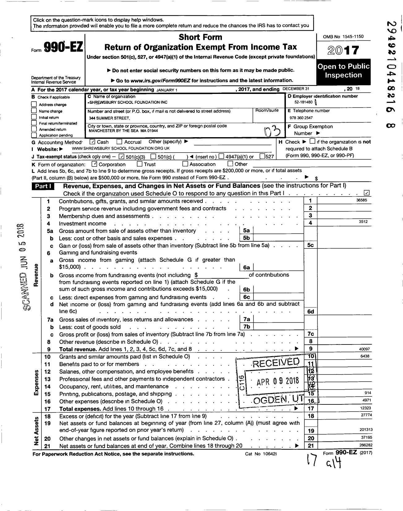 Image of first page of 2018 Form 990EZ for Shrewsbury School Foundation