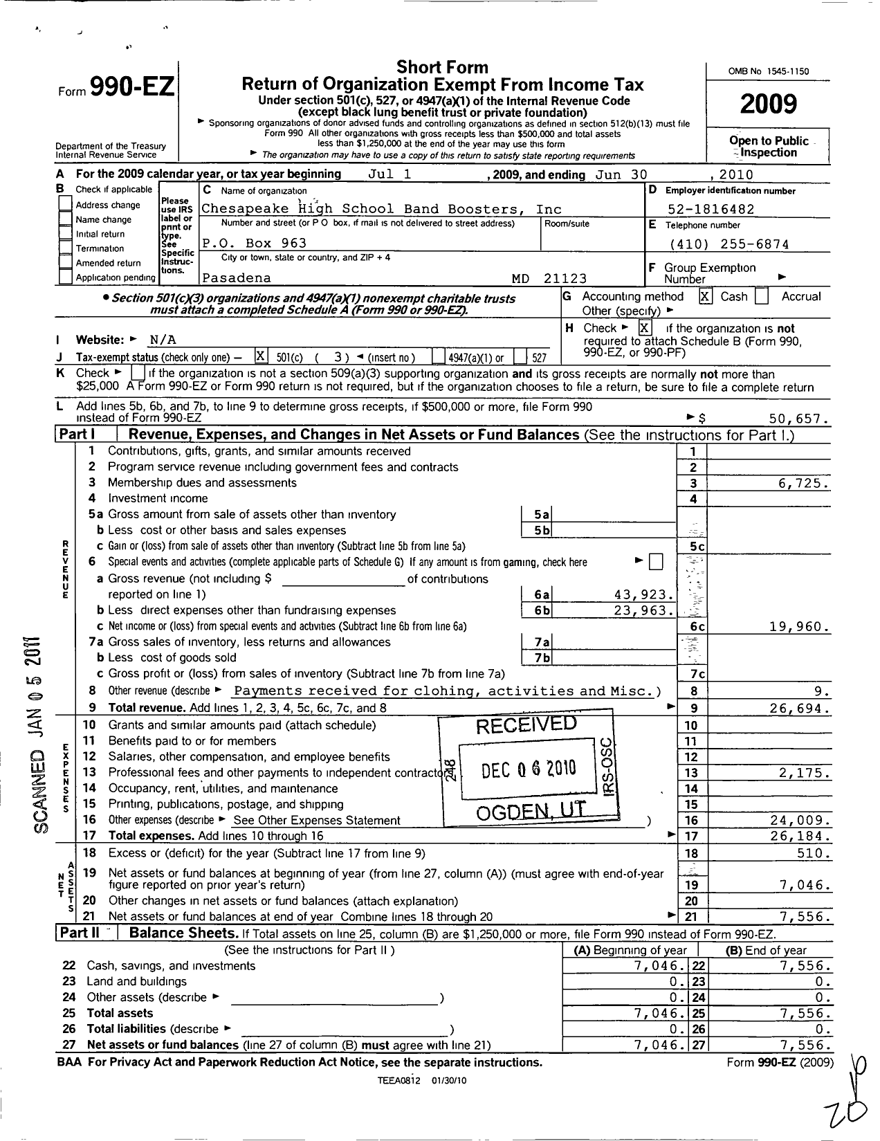 Image of first page of 2009 Form 990EZ for Chesapeake High School Band Boosters