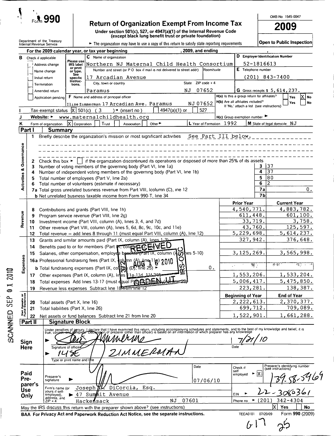 Image of first page of 2009 Form 990 for Northern New Jersey Maternal Child Health Consortium (NNJM CHC)