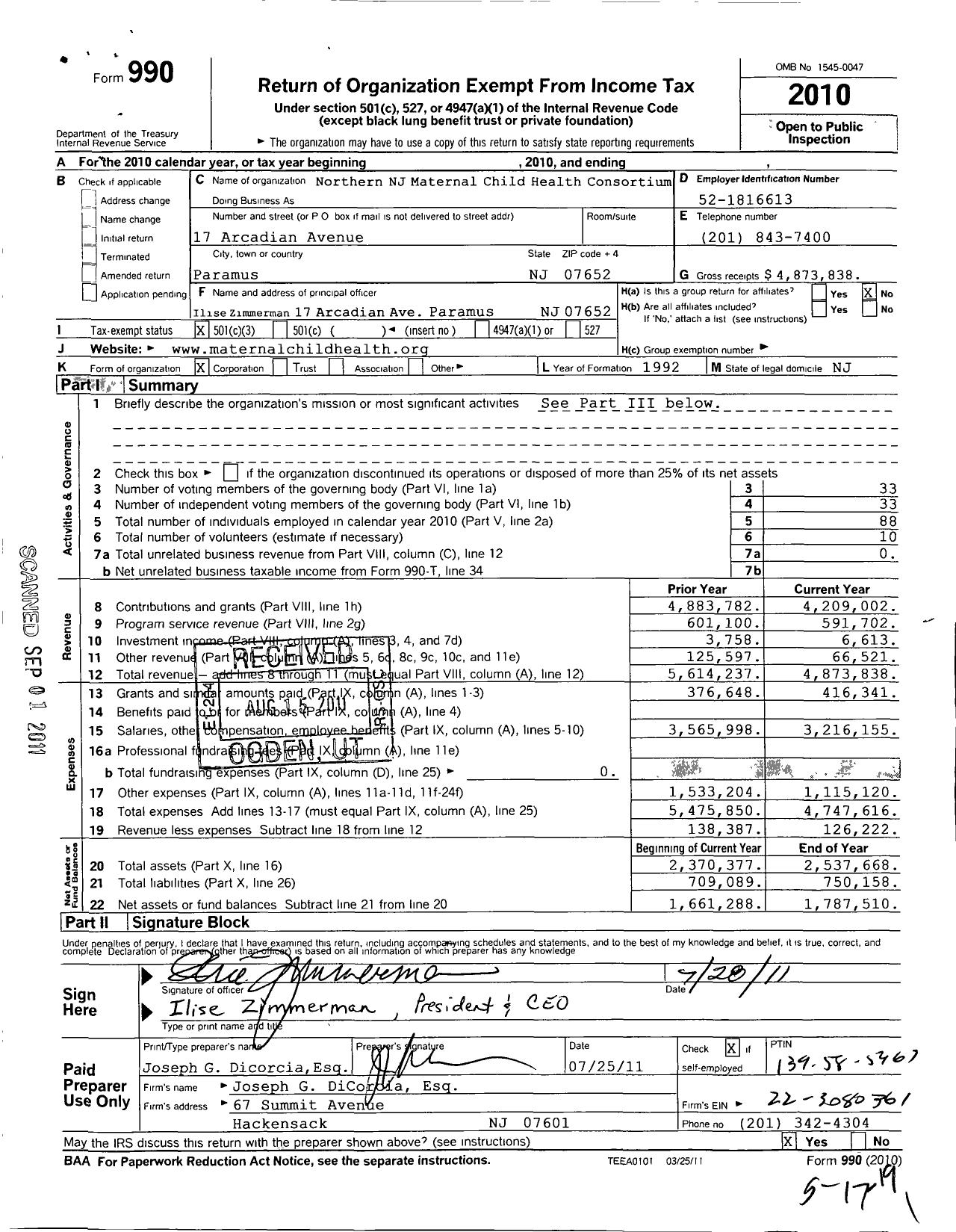 Image of first page of 2010 Form 990 for Northern New Jersey Maternal Child Health Consortium (NNJM CHC)