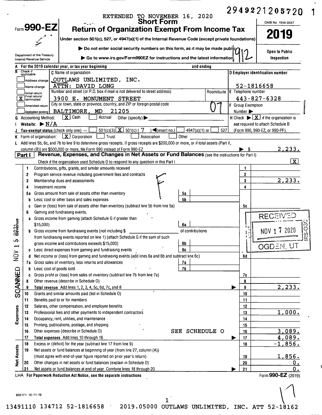 Image of first page of 2019 Form 990EO for Outlaws Unlimited Attn David Long