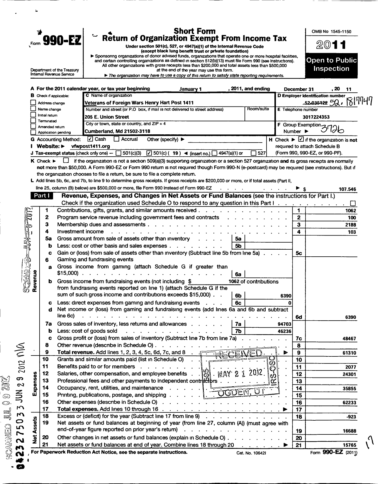 Image of first page of 2011 Form 990EO for Veterans of Foreign Wars of the United States Auxiliary Dept of MD - 1411 Henry Hart