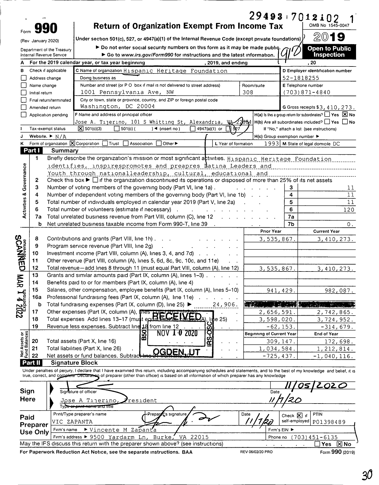 Image of first page of 2019 Form 990 for Hispanic Heritage Foundation (HHF)