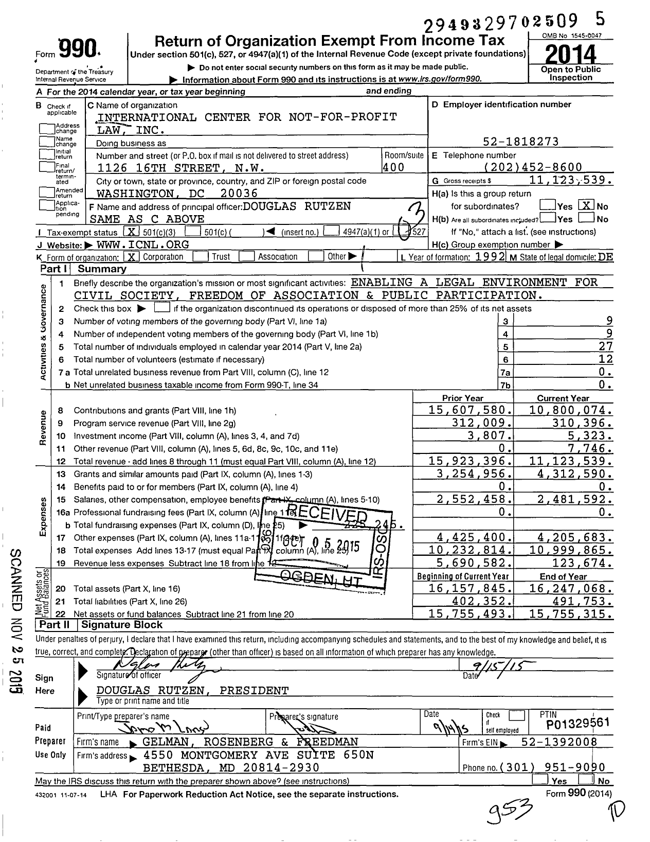 Image of first page of 2014 Form 990 for International Center for Not-For-Profit Law