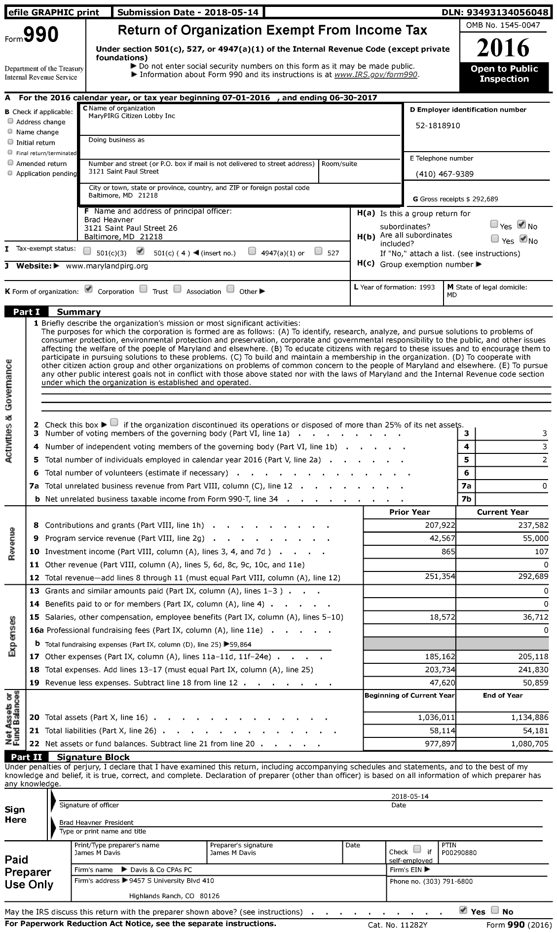 Image of first page of 2016 Form 990 for MaryPIRG Citizen Lobby