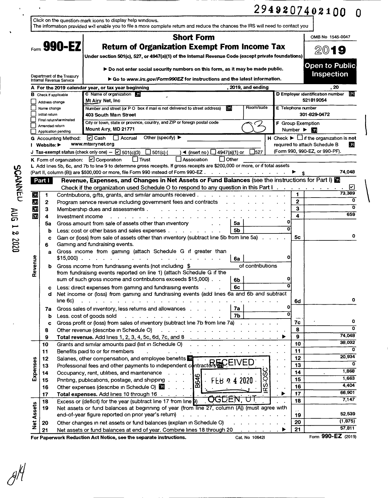 Image of first page of 2019 Form 990EZ for MT Airy Net