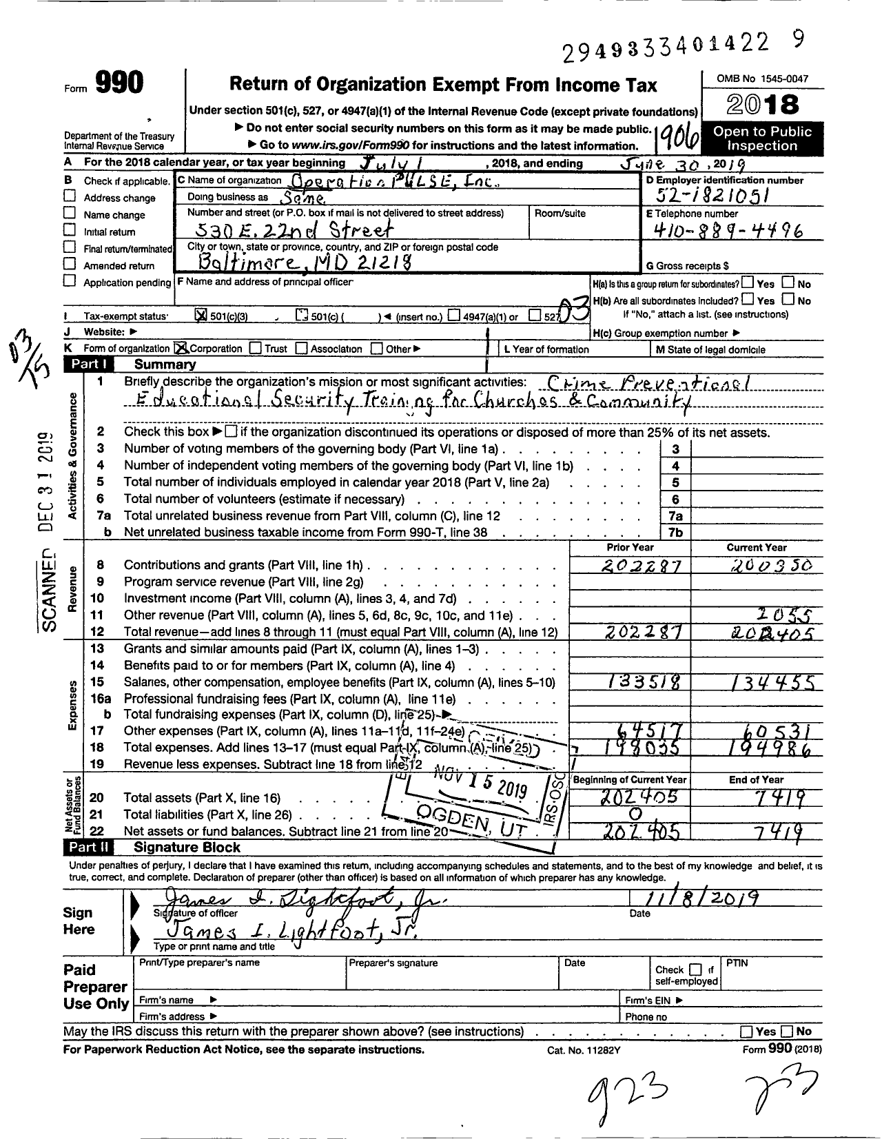 Image of first page of 2018 Form 990 for Operation Pulse