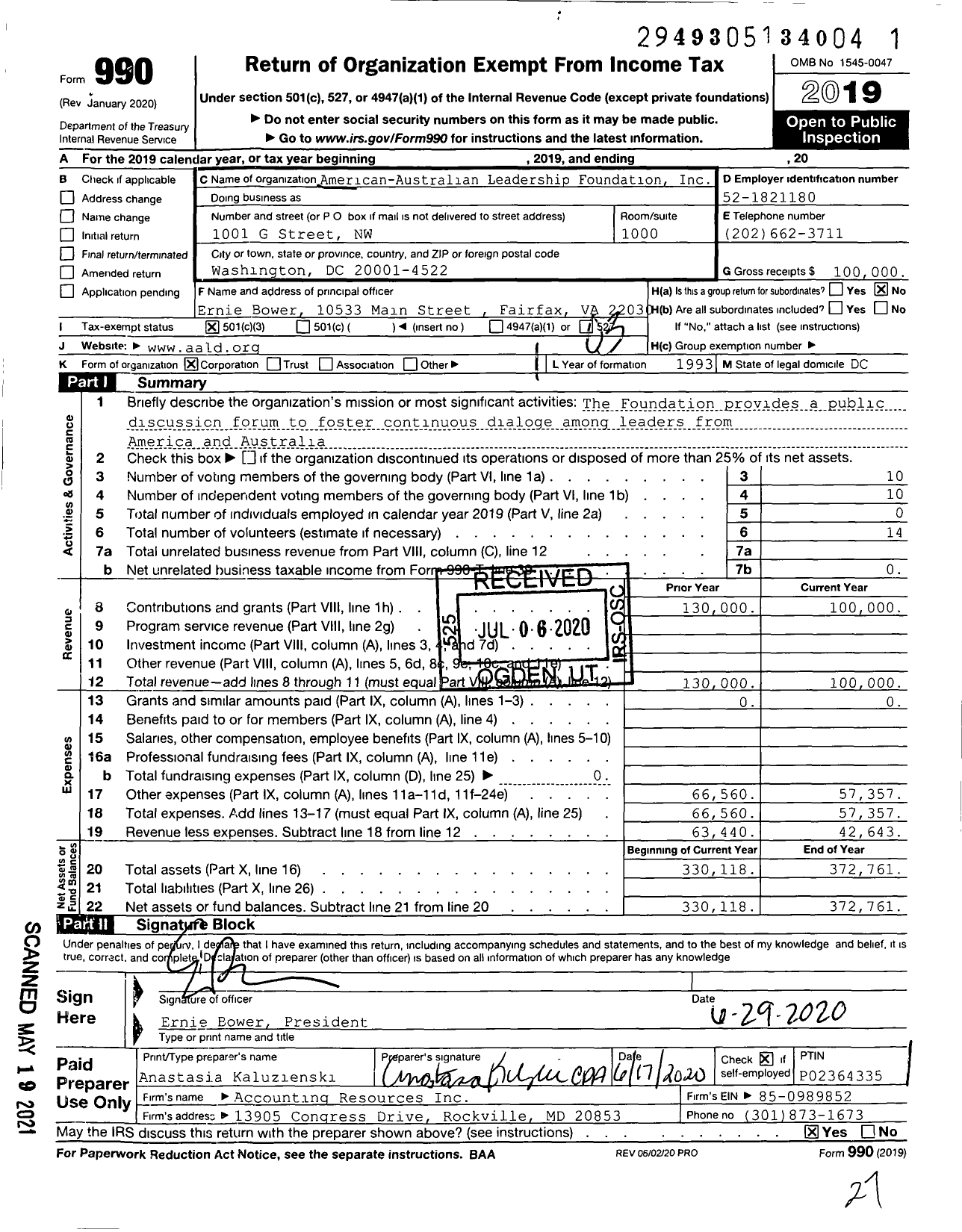 Image of first page of 2019 Form 990 for American-Australian Leadership Foundation