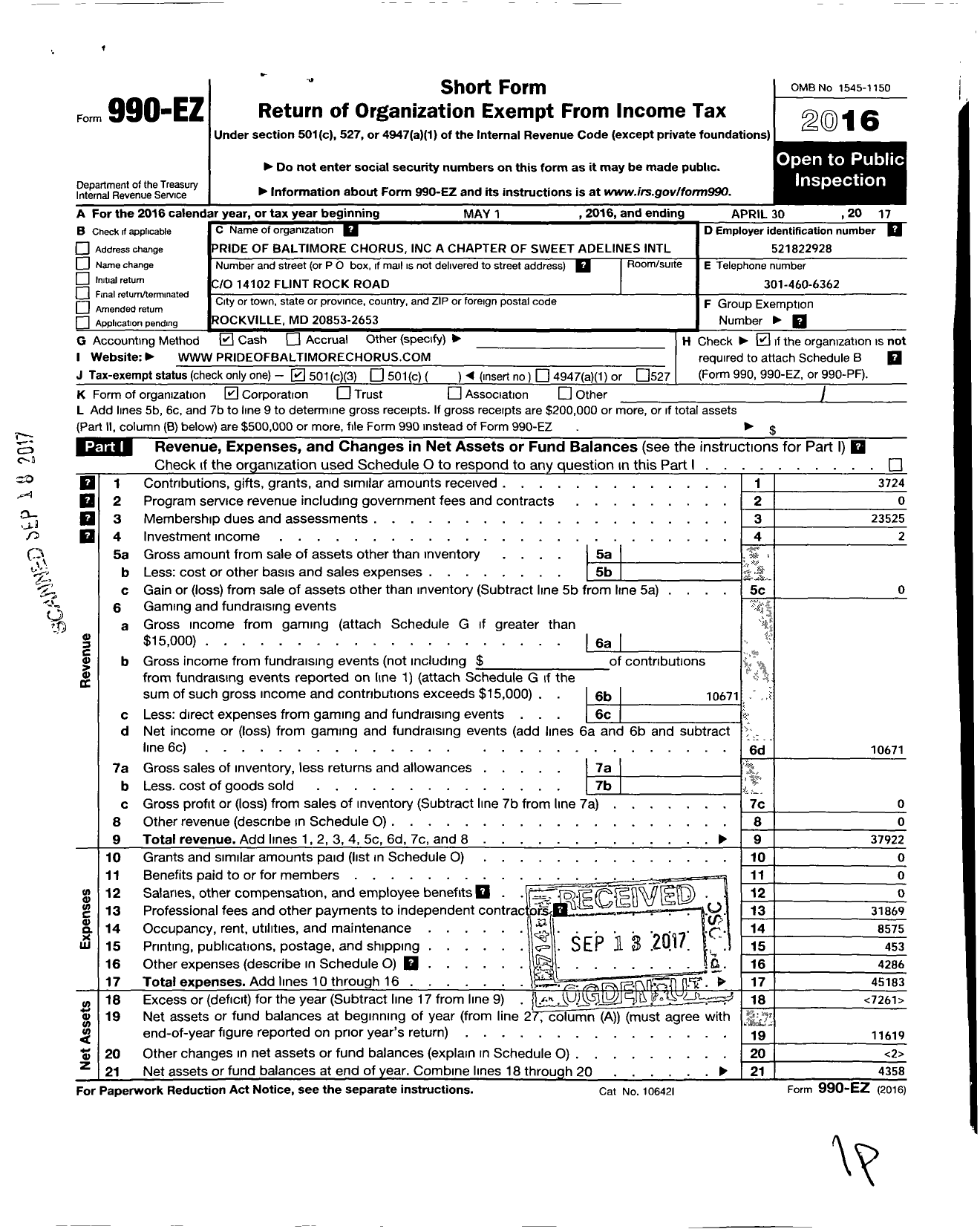 Image of first page of 2016 Form 990EZ for Sweet Adelines International - Pride of Baltimore Chorus