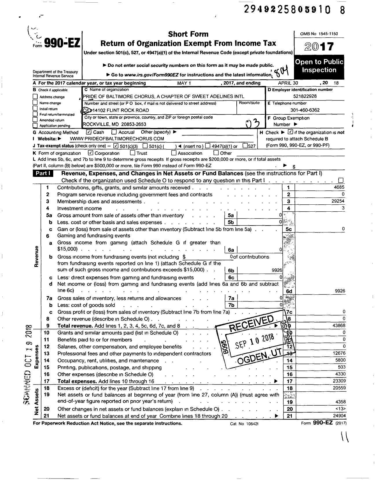 Image of first page of 2017 Form 990EZ for Sweet Adelines International - Pride of Baltimore Chorus