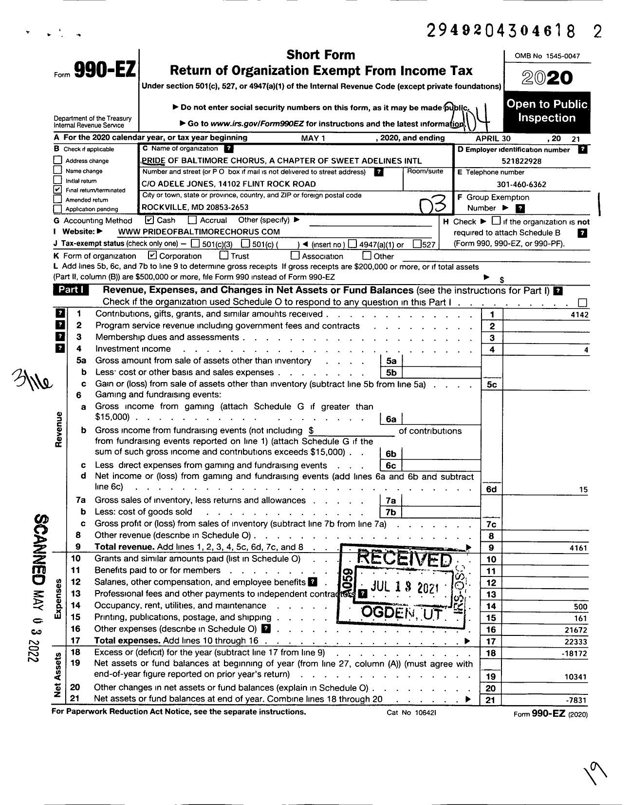 Image of first page of 2020 Form 990EZ for Sweet Adelines International - Pride of Baltimore Chorus