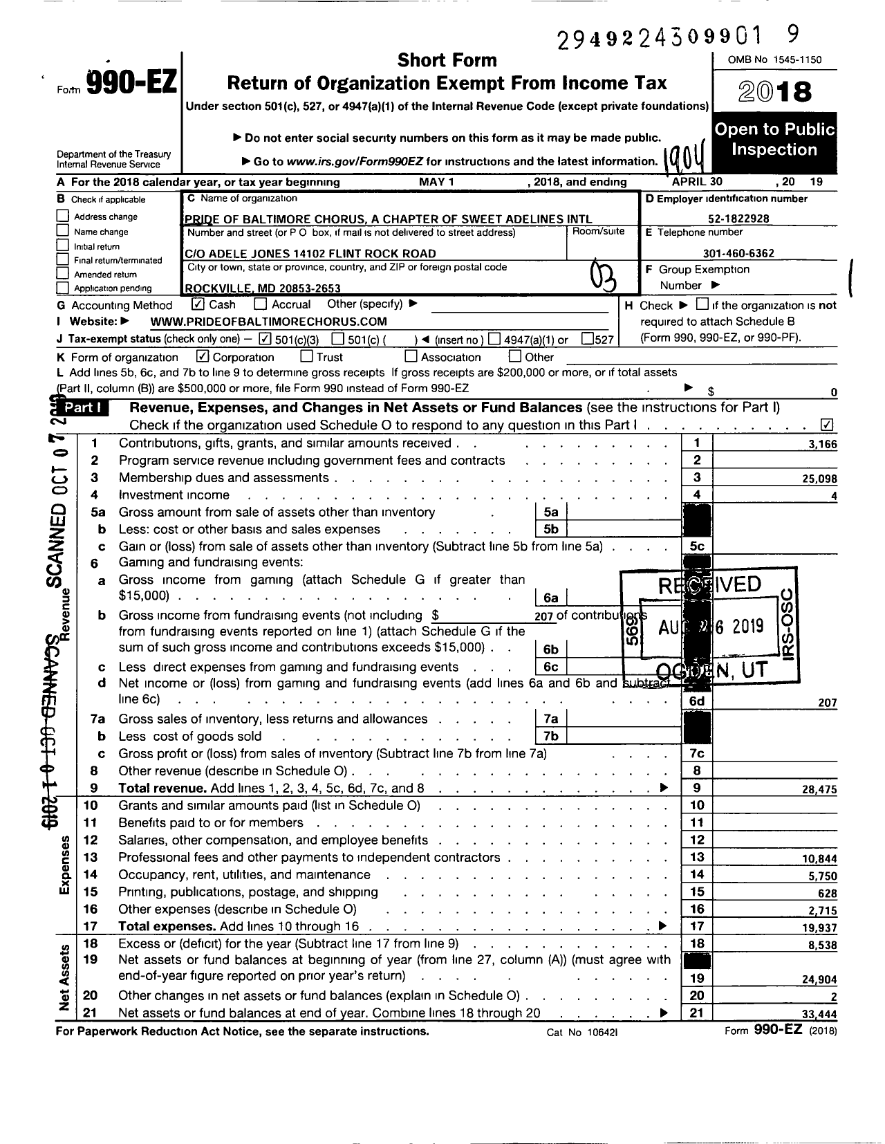 Image of first page of 2018 Form 990EZ for Sweet Adelines International - Pride of Baltimore Chorus