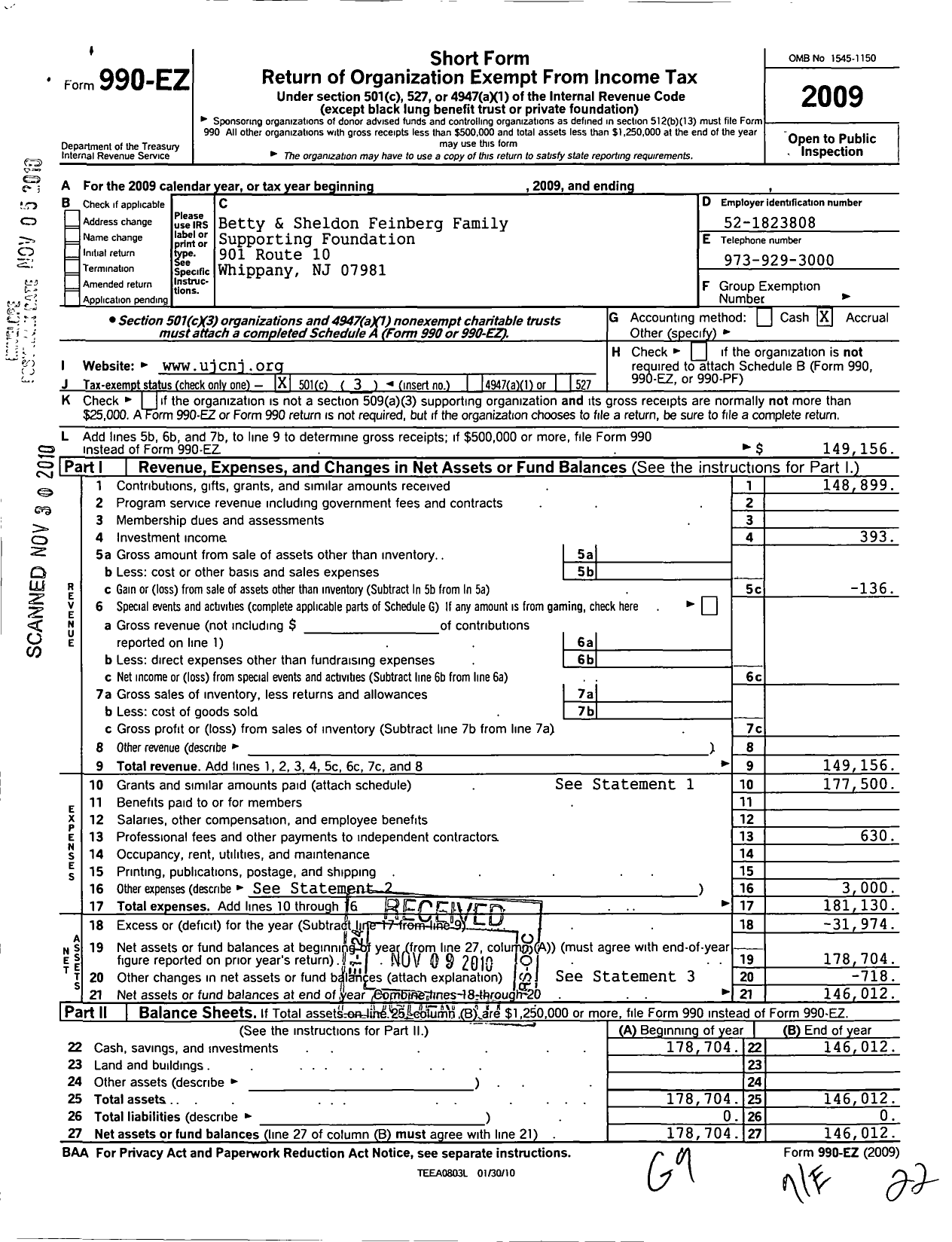 Image of first page of 2009 Form 990EZ for Betty and Sheldon Feinberg Family Supporting Foundation