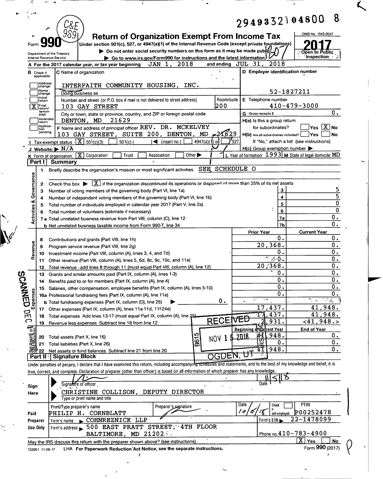 Image of first page of 2017 Form 990 for Interfaith Community Housing