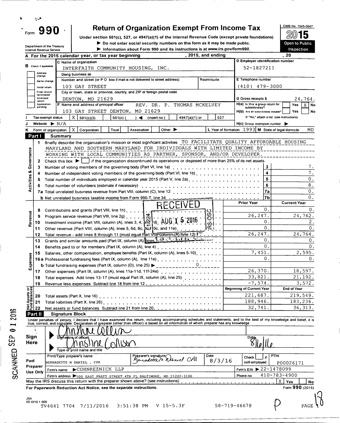 Image of first page of 2015 Form 990 for Interfaith Community Housing