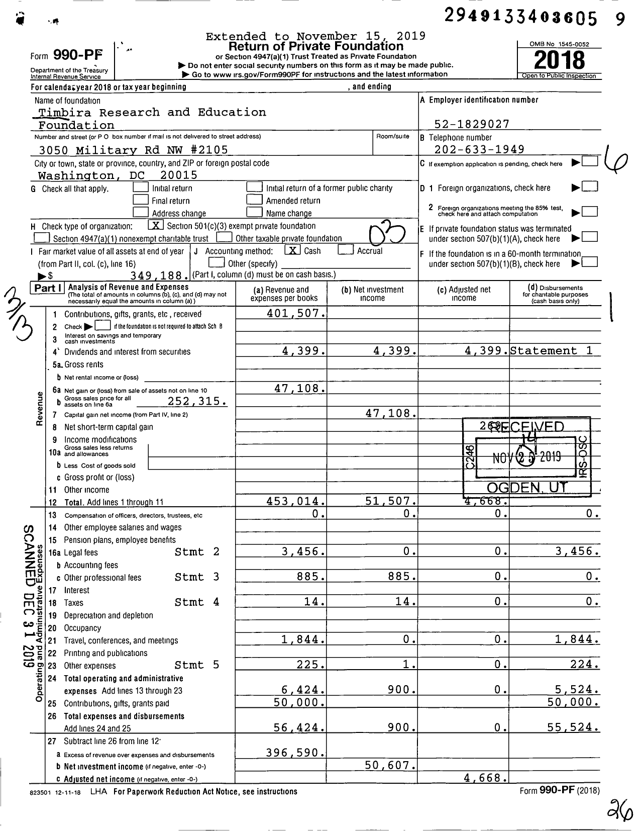 Image of first page of 2018 Form 990PF for Timbira Research and Education Foundation