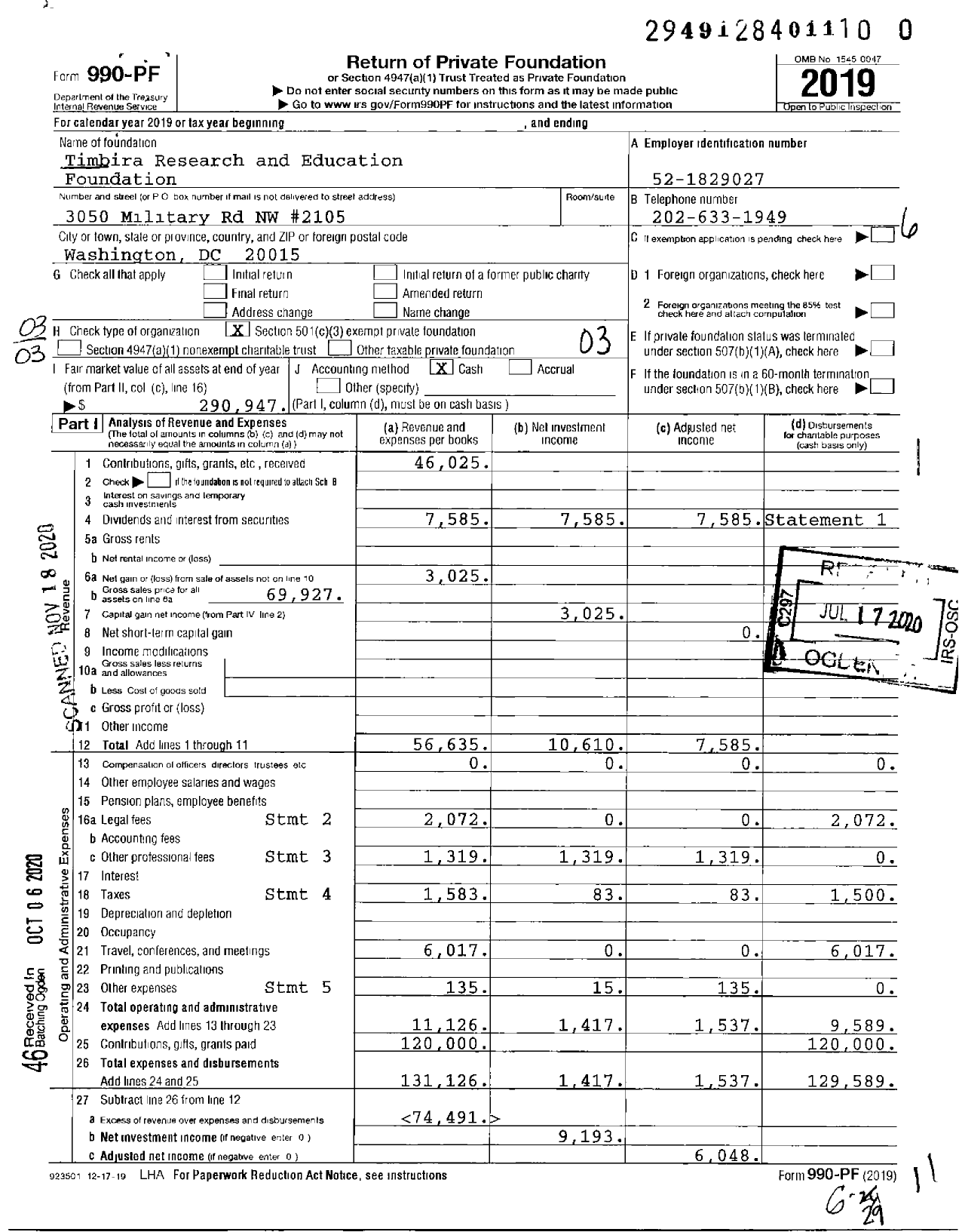 Image of first page of 2019 Form 990PF for Timbira Research and Education Foundation