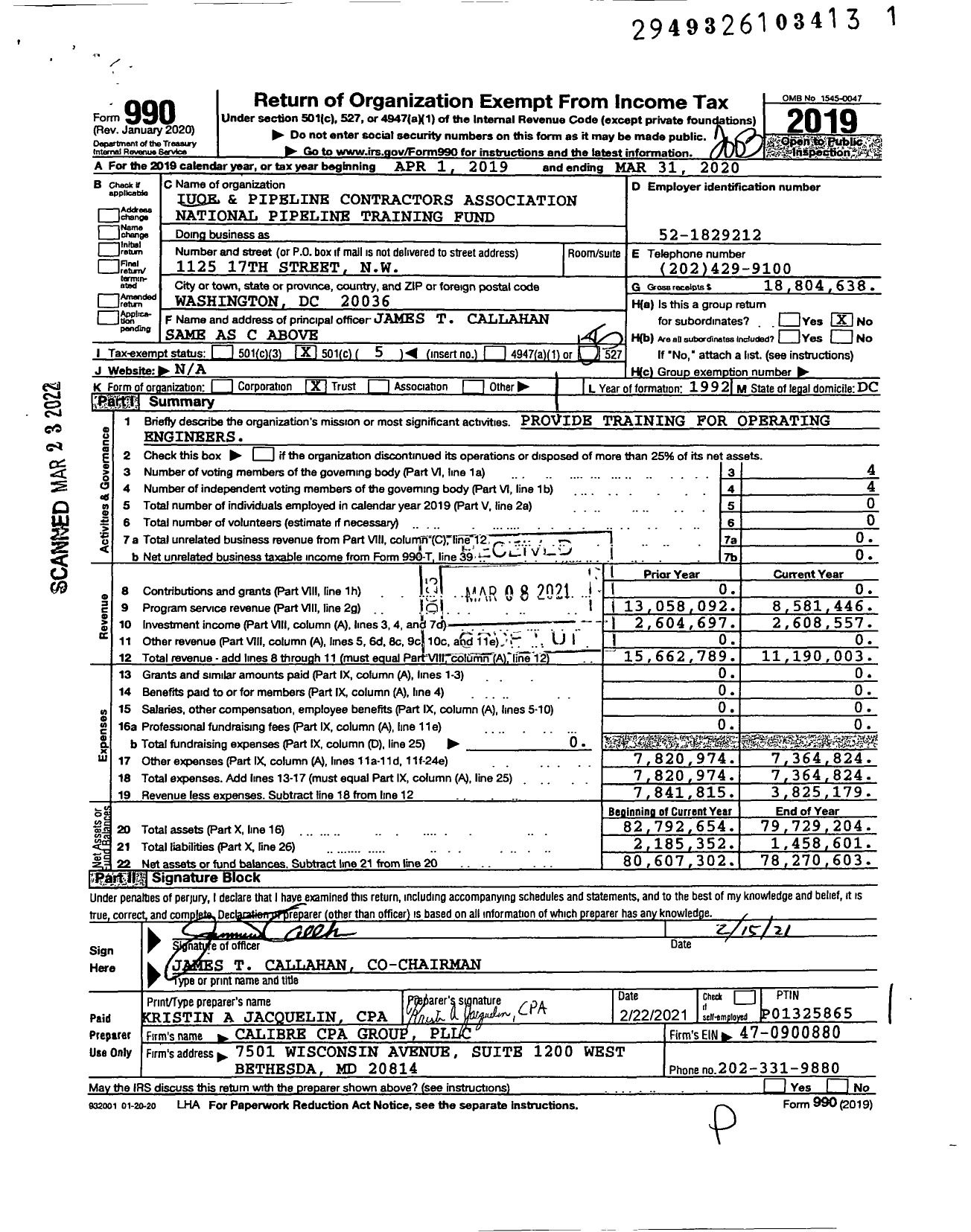 Image of first page of 2019 Form 990O for Iuoe and Pipeline Contractors Association National Pipeline Training Fund