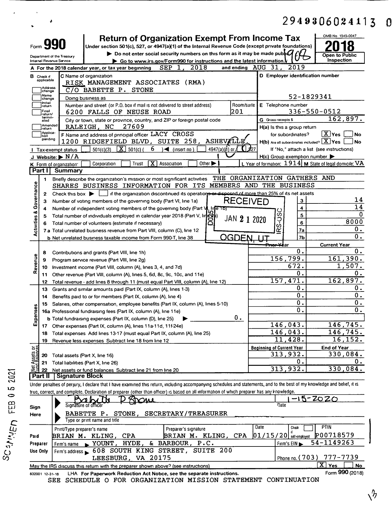 Image of first page of 2018 Form 990O for Risk Management Associates (RMA)