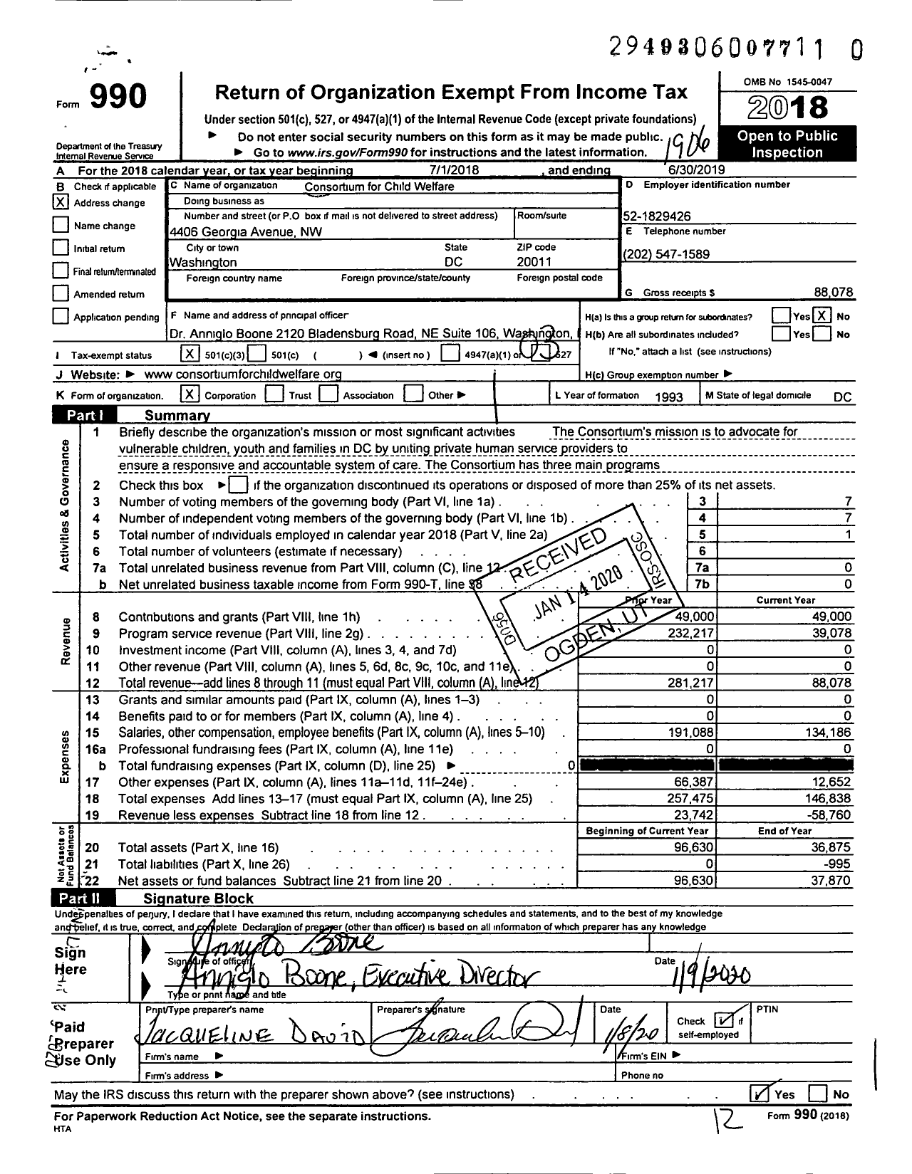 Image of first page of 2018 Form 990 for Consortium for Child Welfare