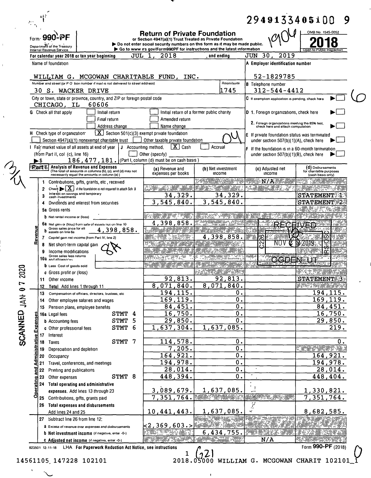 Image of first page of 2018 Form 990PF for William G. McGowan Charitable Fund