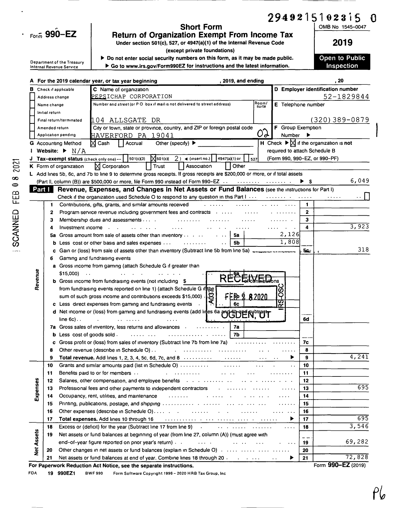 Image of first page of 2019 Form 990EO for Pepsichap Corporation