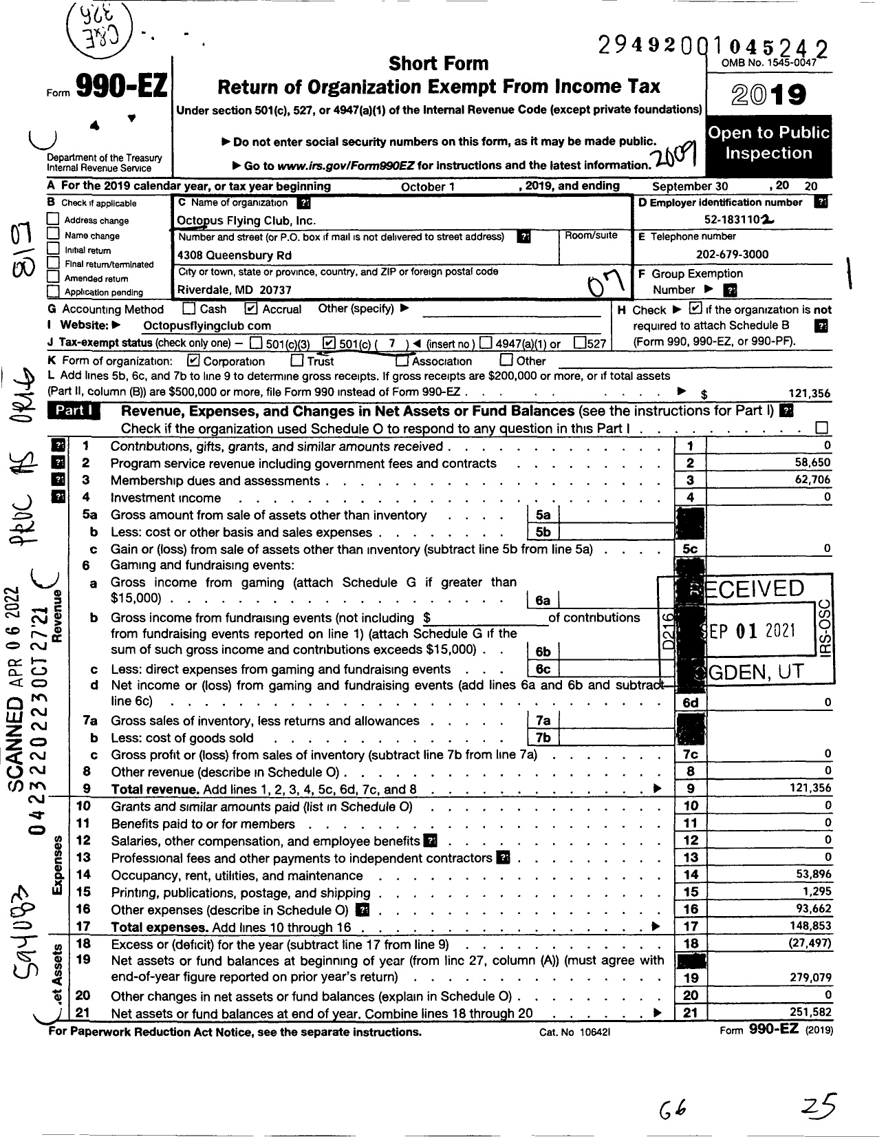 Image of first page of 2019 Form 990EO for Octopus Flying Club