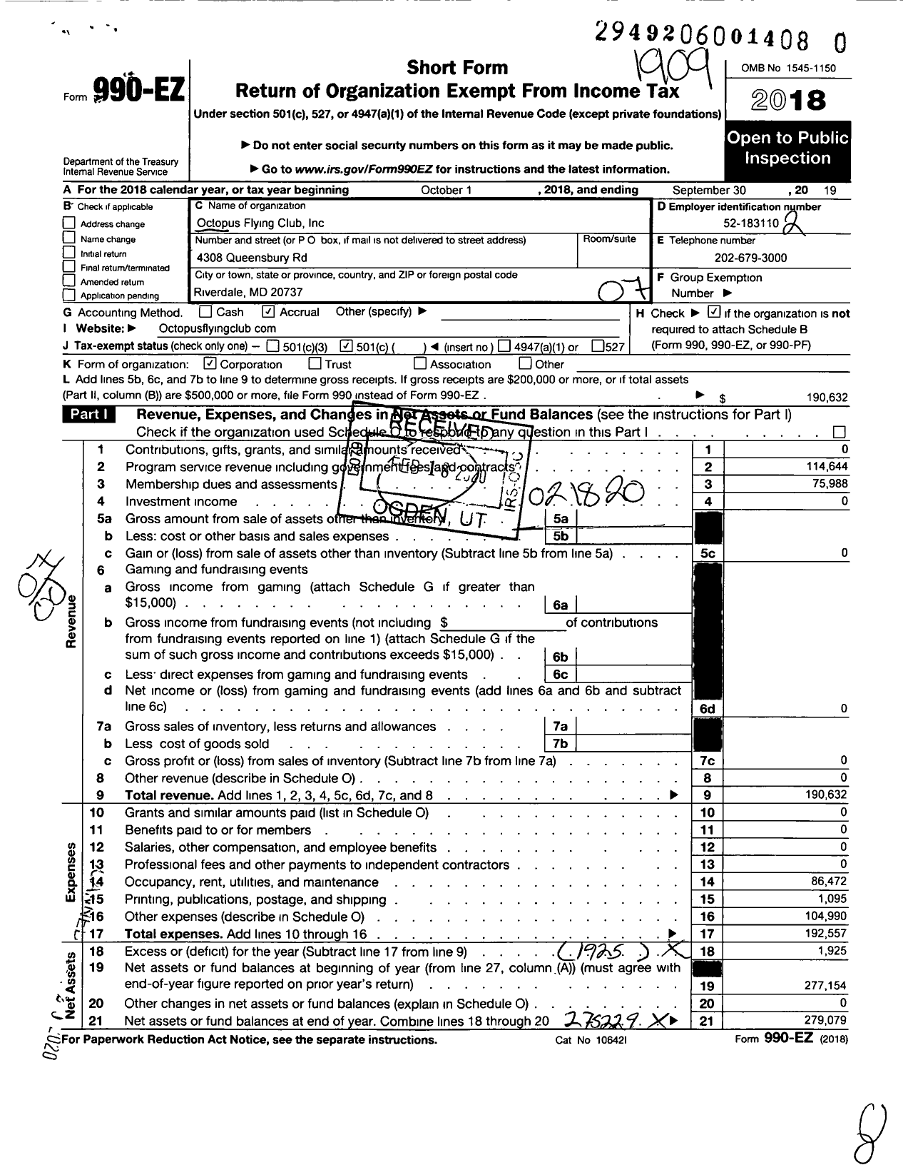 Image of first page of 2018 Form 990EO for Octopus Flying Club