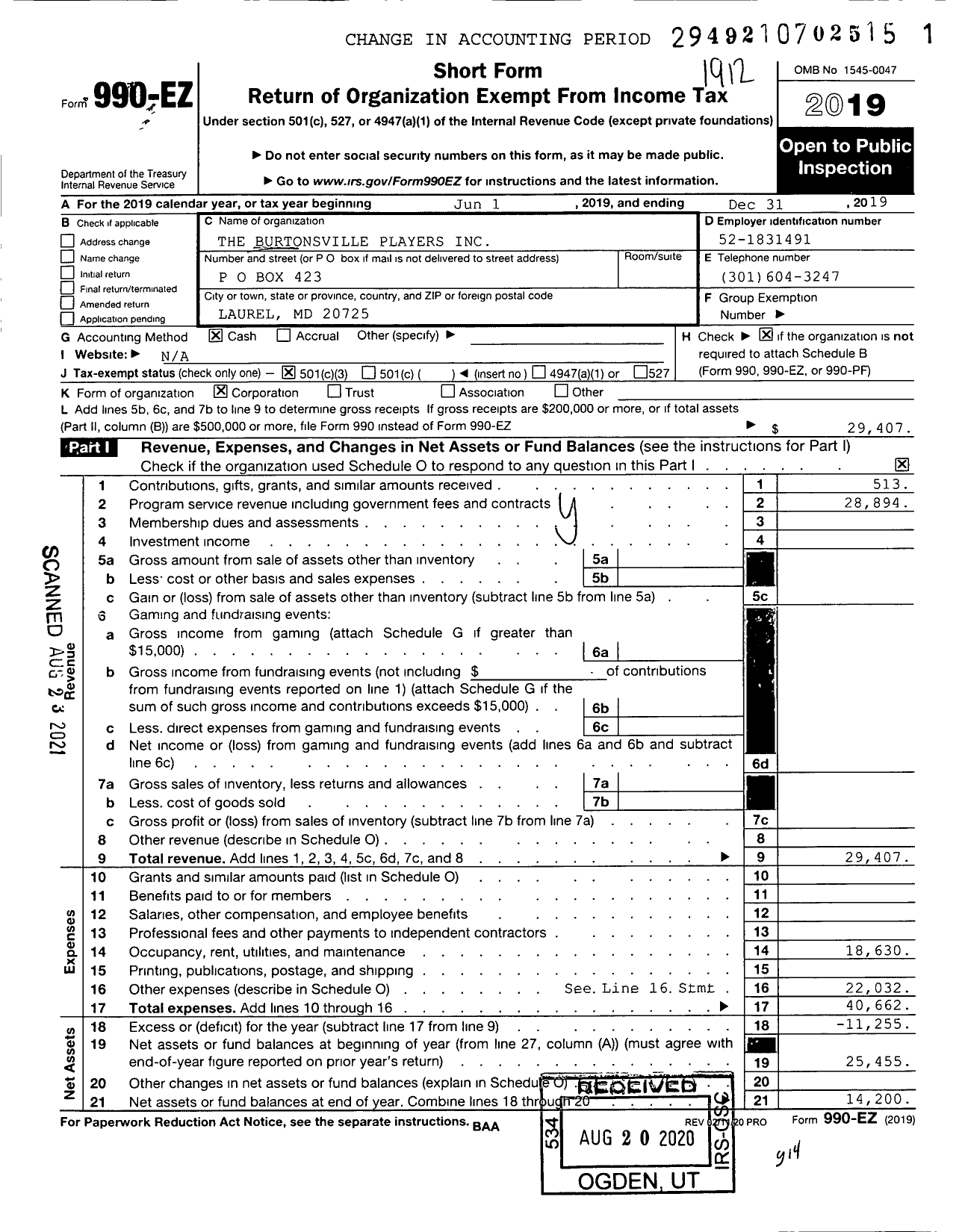 Image of first page of 2019 Form 990EZ for The Burtonsville Players