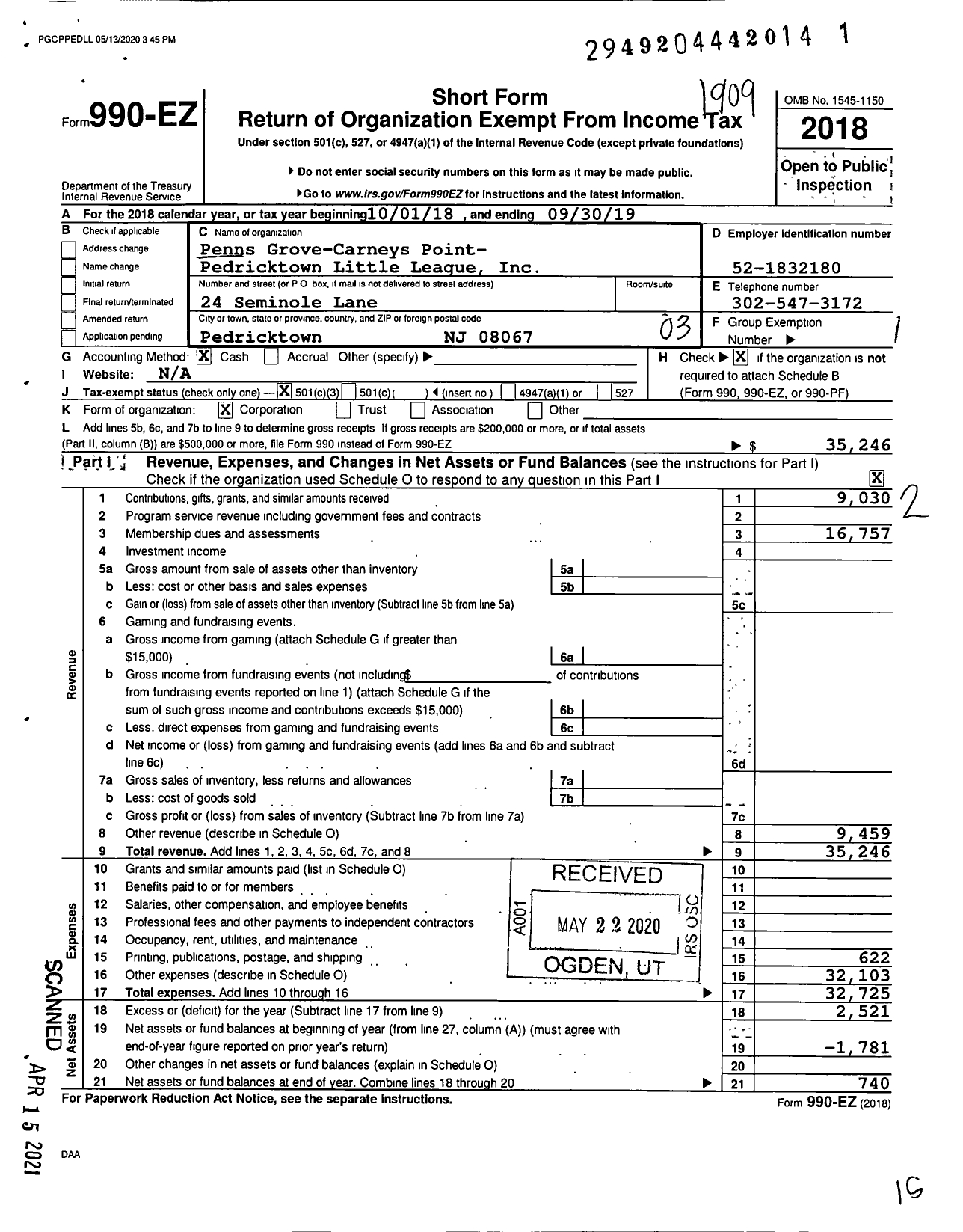 Image of first page of 2018 Form 990EZ for Little League Baseball - 2300305 Penns Grove-Carneys Point L