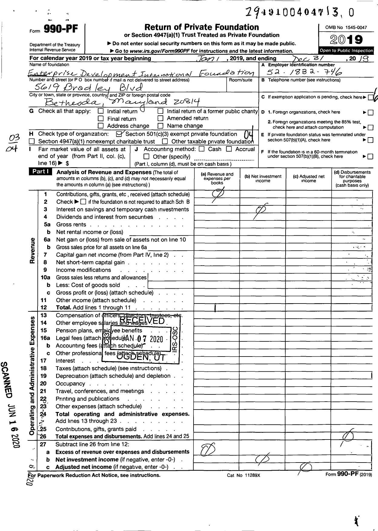 Image of first page of 2019 Form 990PR for Enterprise Development International Foundation