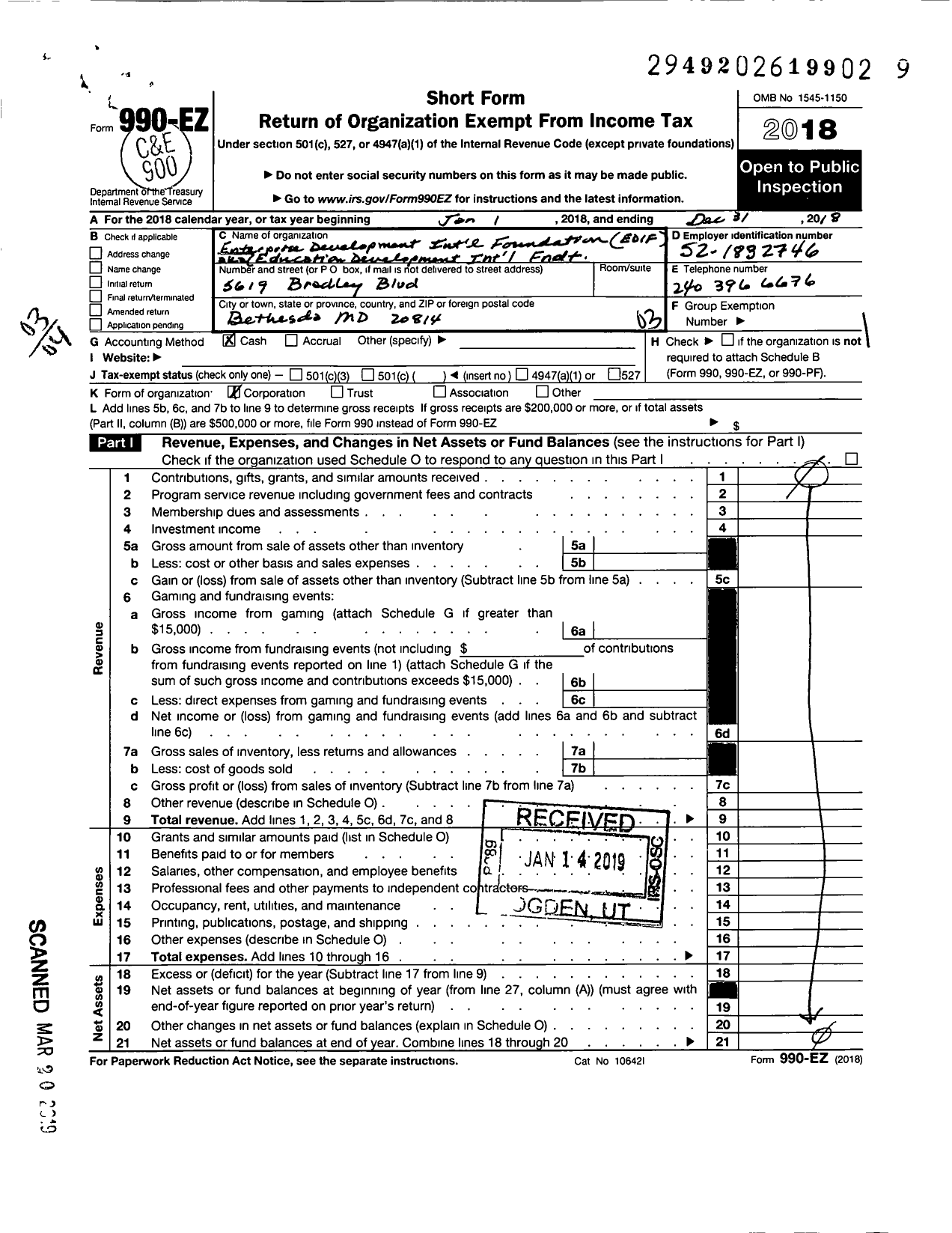 Image of first page of 2018 Form 990EZ for Enterprise Development International Foundation