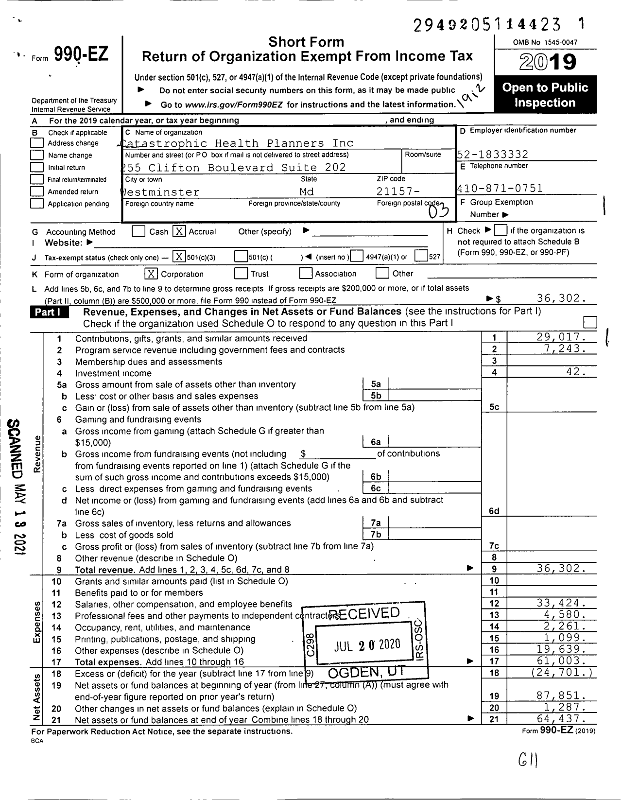 Image of first page of 2019 Form 990EZ for Catastrophic Health Planners