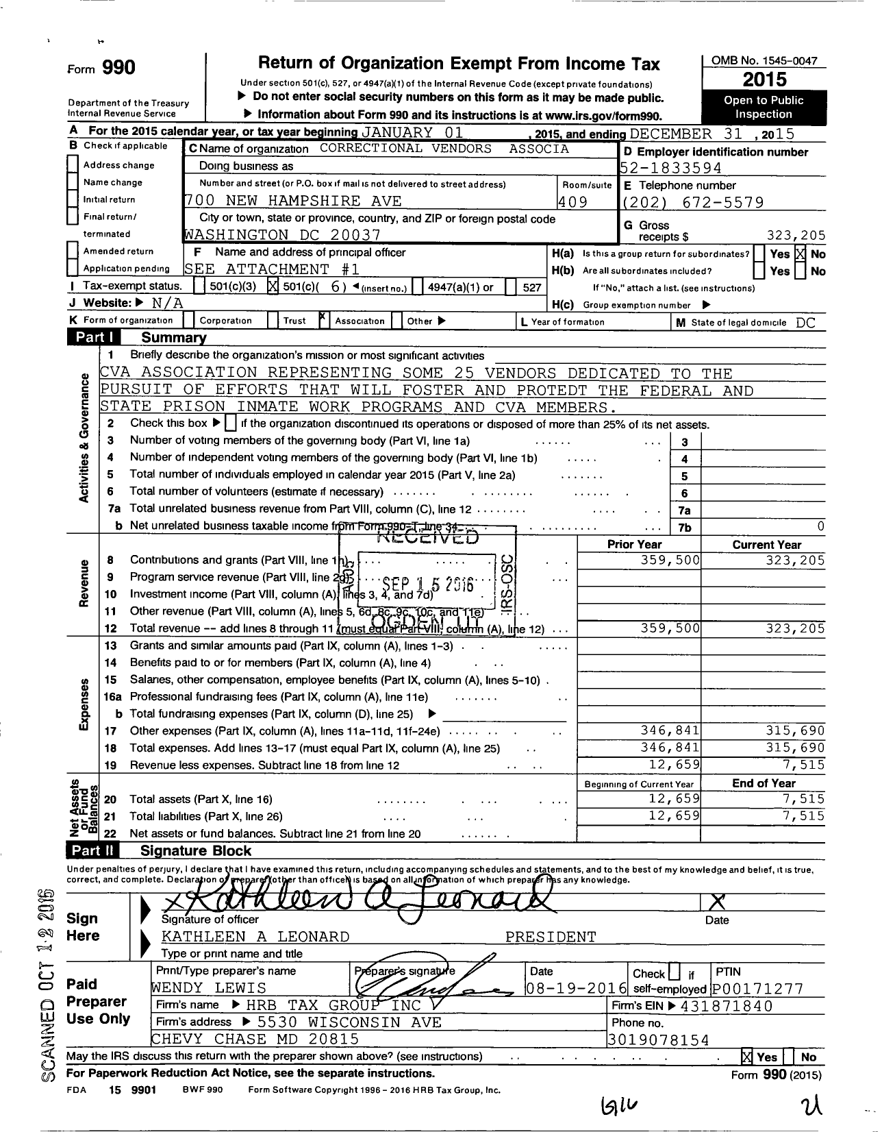 Image of first page of 2015 Form 990O for Correctional Vendors Association