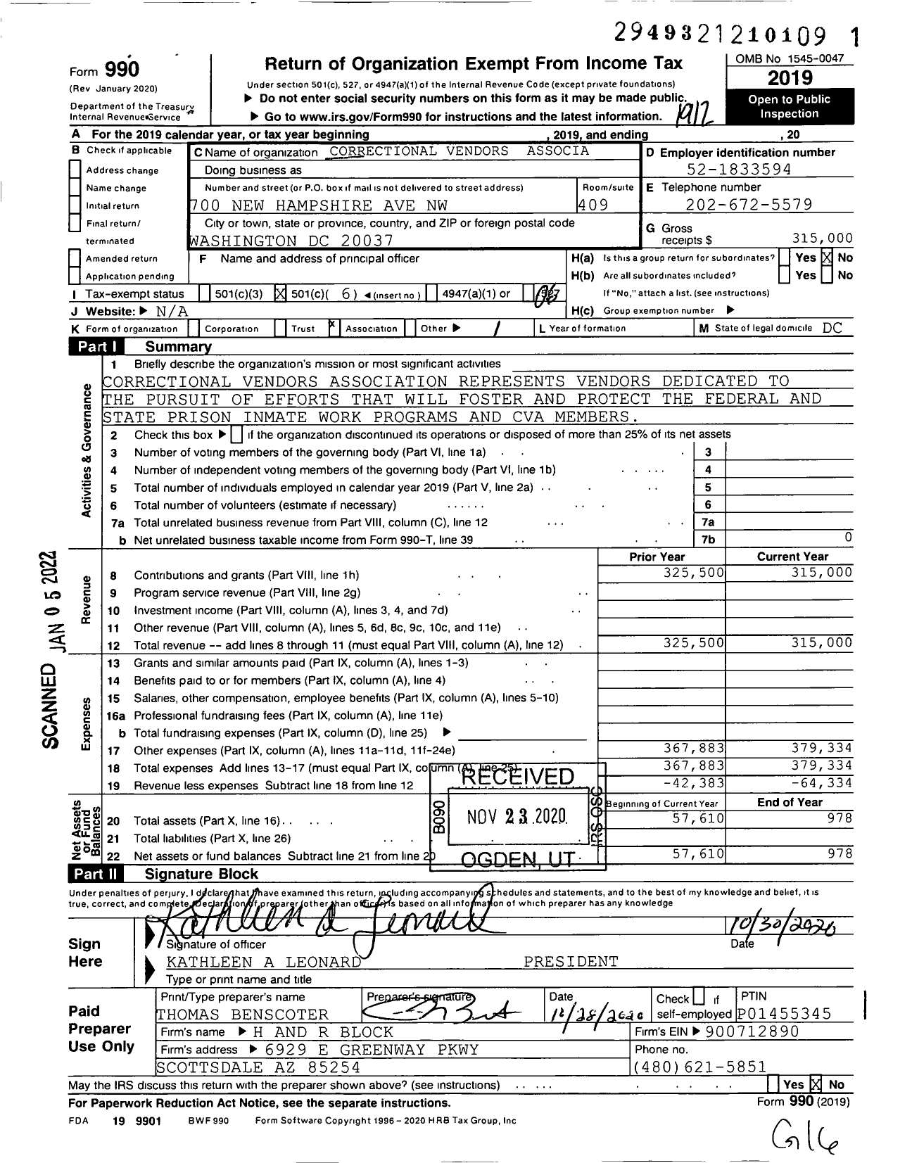 Image of first page of 2019 Form 990O for Correctional Vendors Association