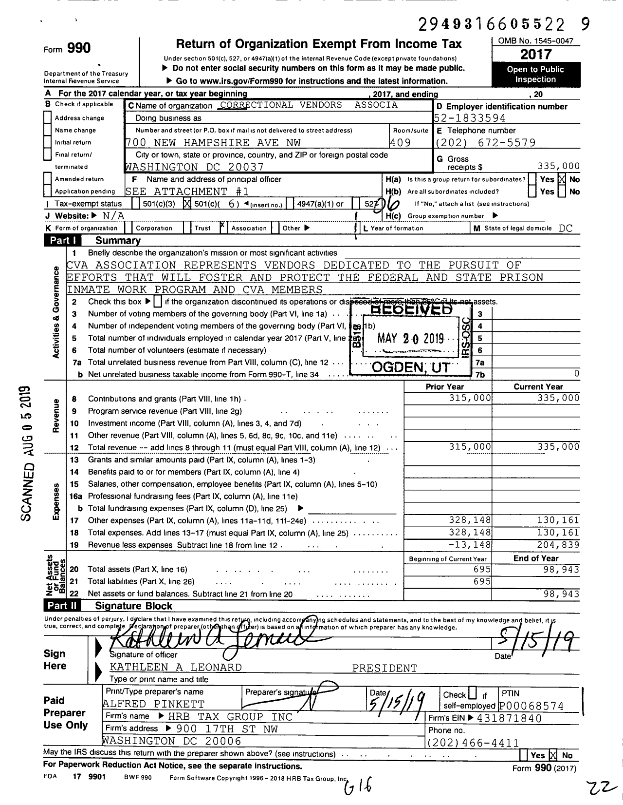 Image of first page of 2018 Form 990O for Correctional Vendors Association